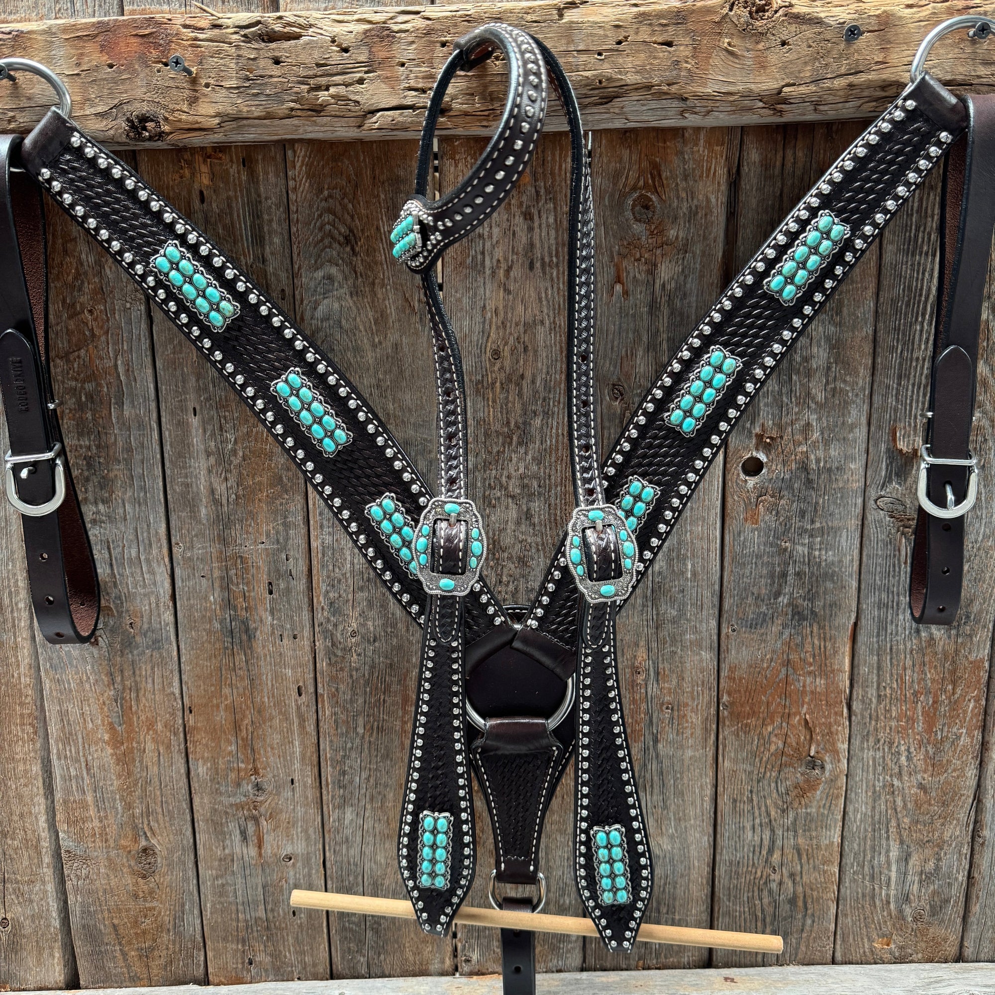 Dark Oil Silver Dot Antique Silver Turquoise Browband | One Ear Tack Set
