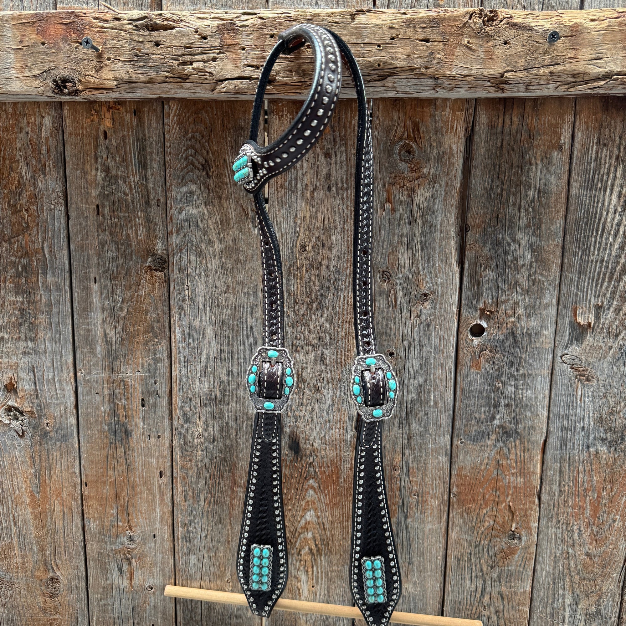 Dark Oil Silver Dot Antique Silver Turquoise Browband | One Ear Tack Set