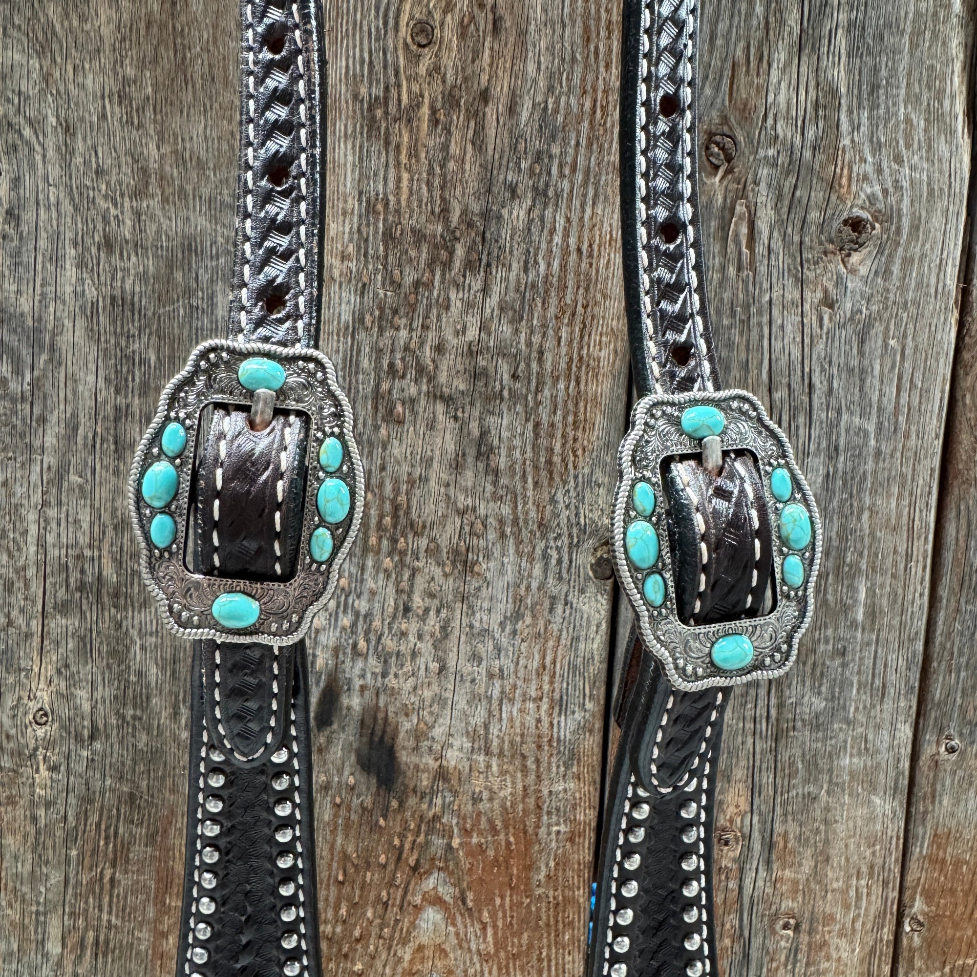 Dark Oil Silver Dot Antique Silver Turquoise Browband | One Ear Tack Set