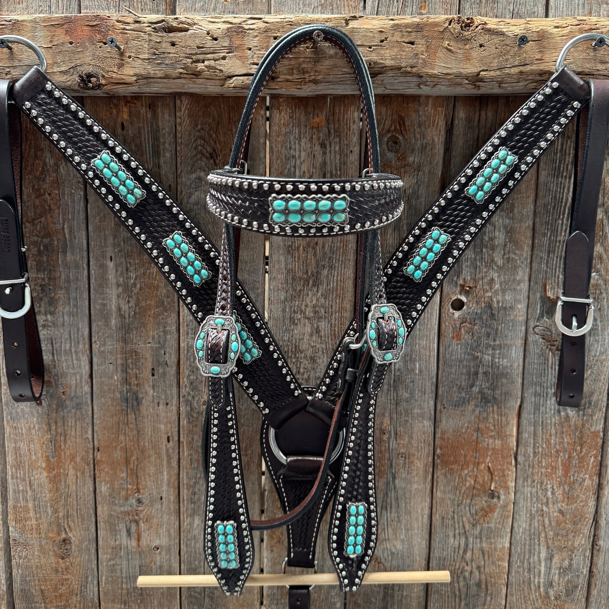 Dark Oil Silver Dot Antique Silver Turquoise Browband | One Ear Tack Set