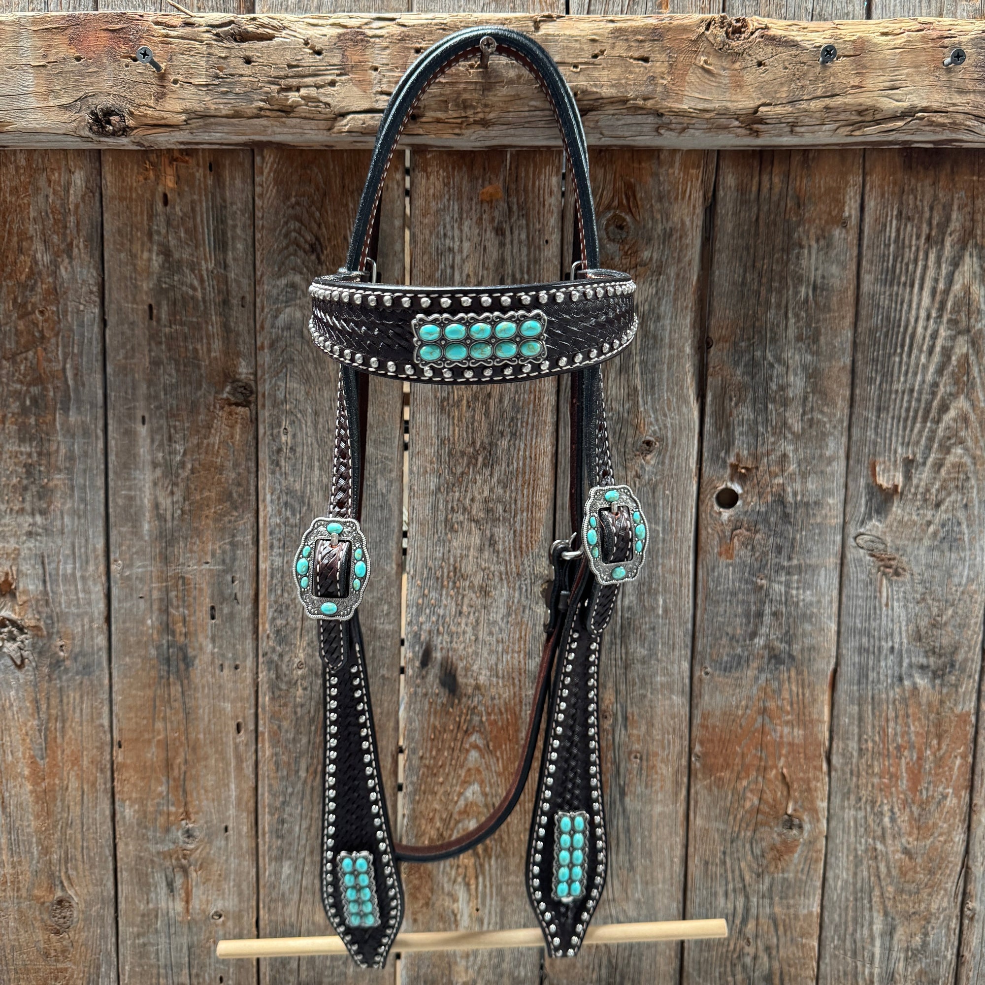 Dark Oil Silver Dot Antique Silver Turquoise Browband | One Ear Tack Set