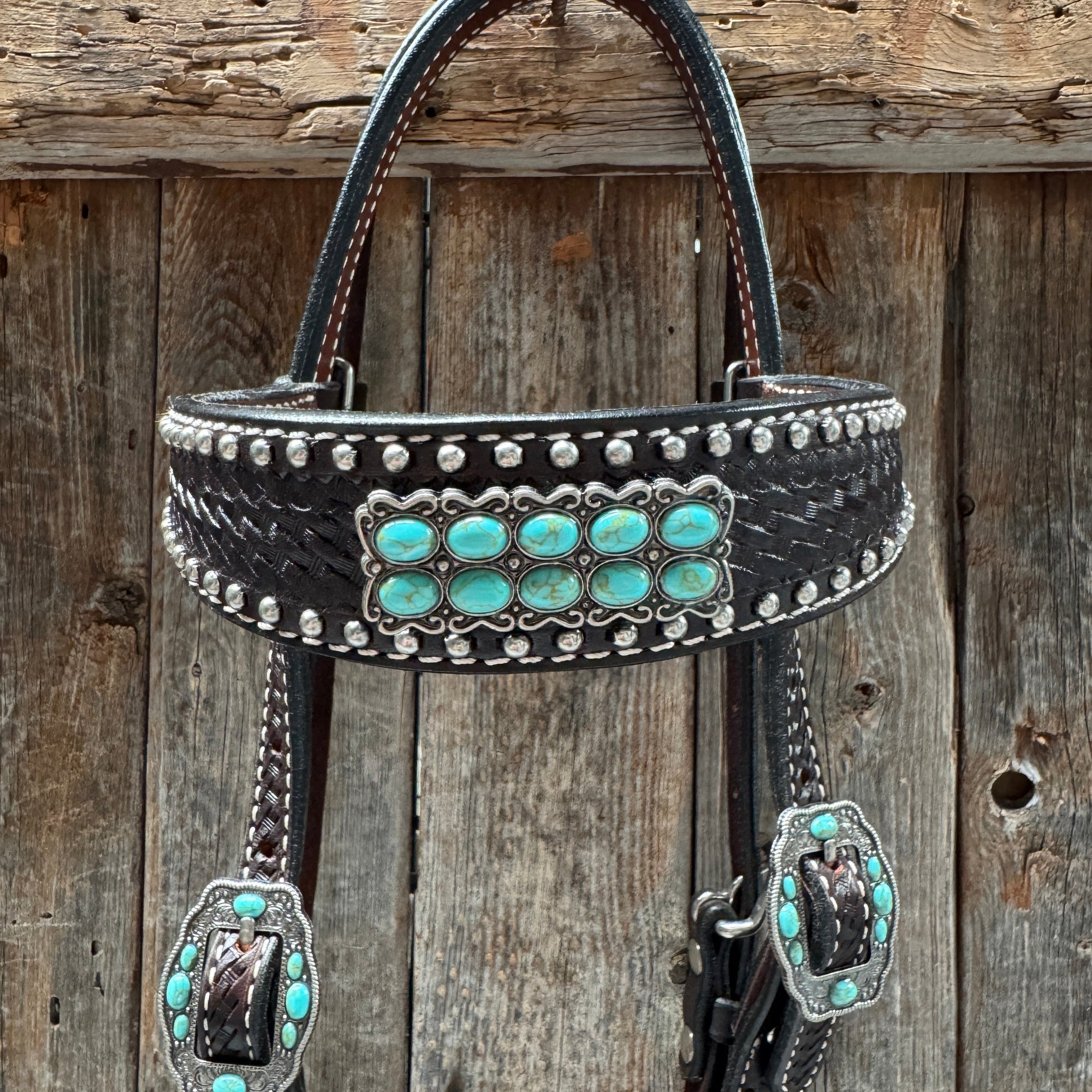 Dark Oil Silver Dot Antique Silver Turquoise Browband | One Ear Tack Set