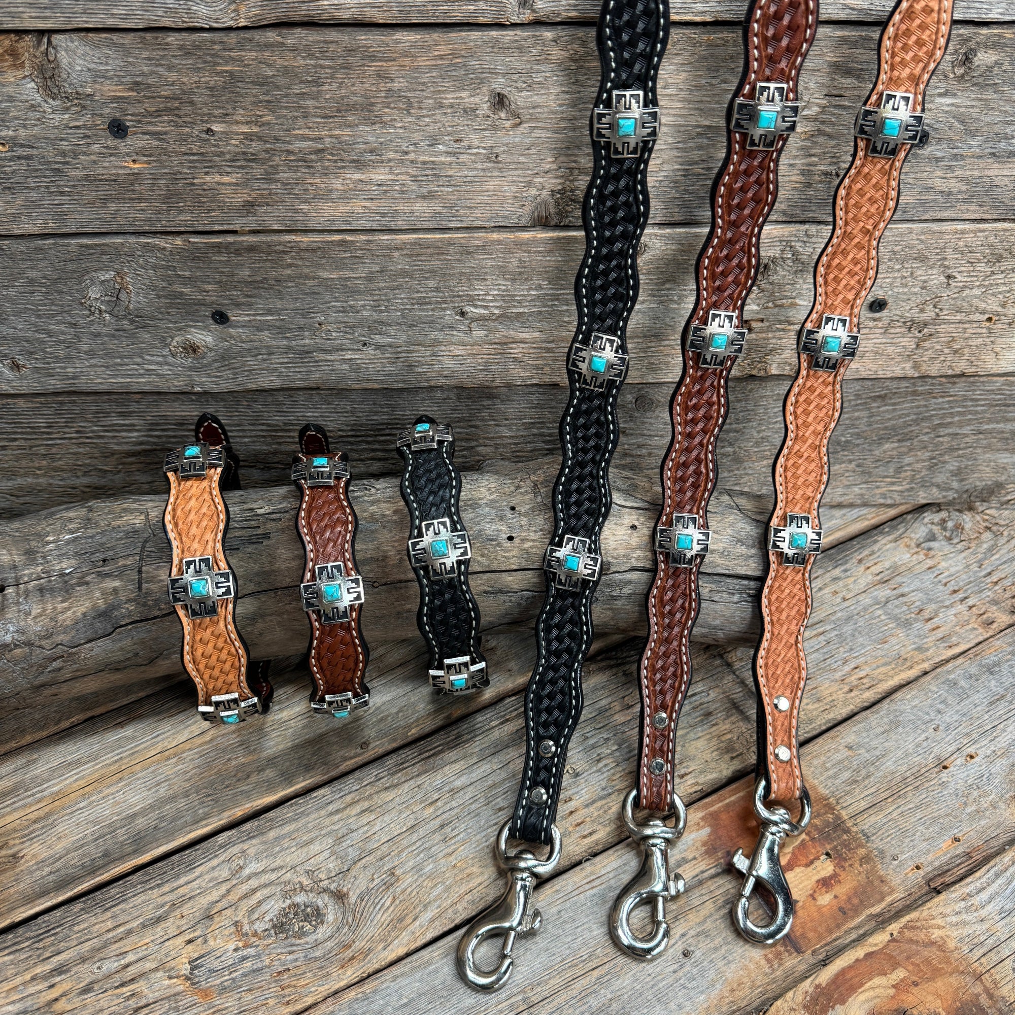 Genuine Leather Dog Collar or Leash With Antique Silver Southwest Conchos 12" to 22" W201S | DC79