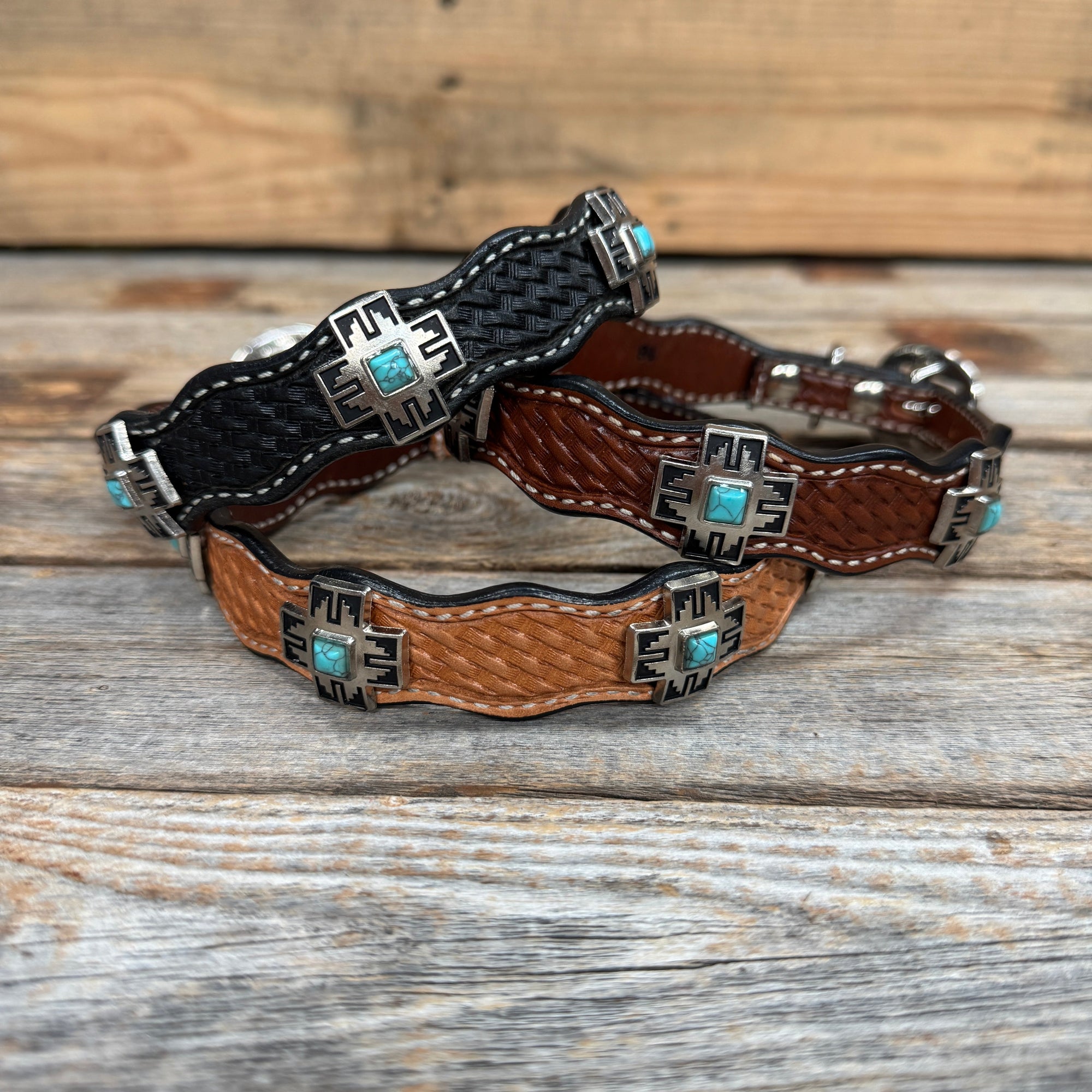 Genuine Leather Dog Collar or Leash With Antique Silver Southwest Conchos 12" to 22" W201S | DC79