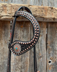 Copper Dot Honeycomb Floral and Rhinestone  Browband / One Ear Tack Set 