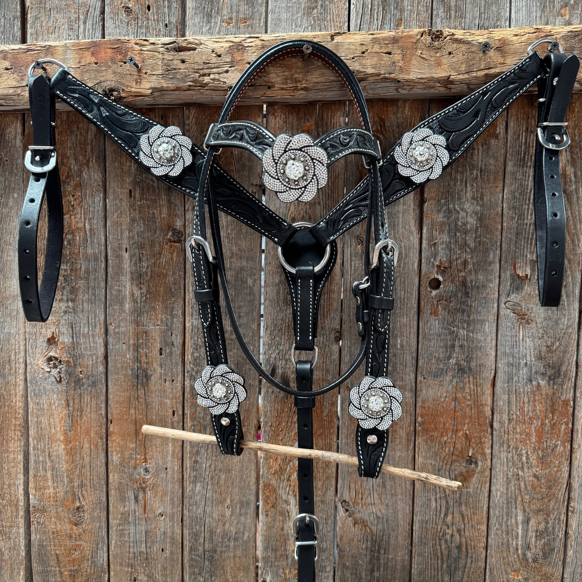 Pony Black Floral Clear Rhinestone V-Browband Tack Set 