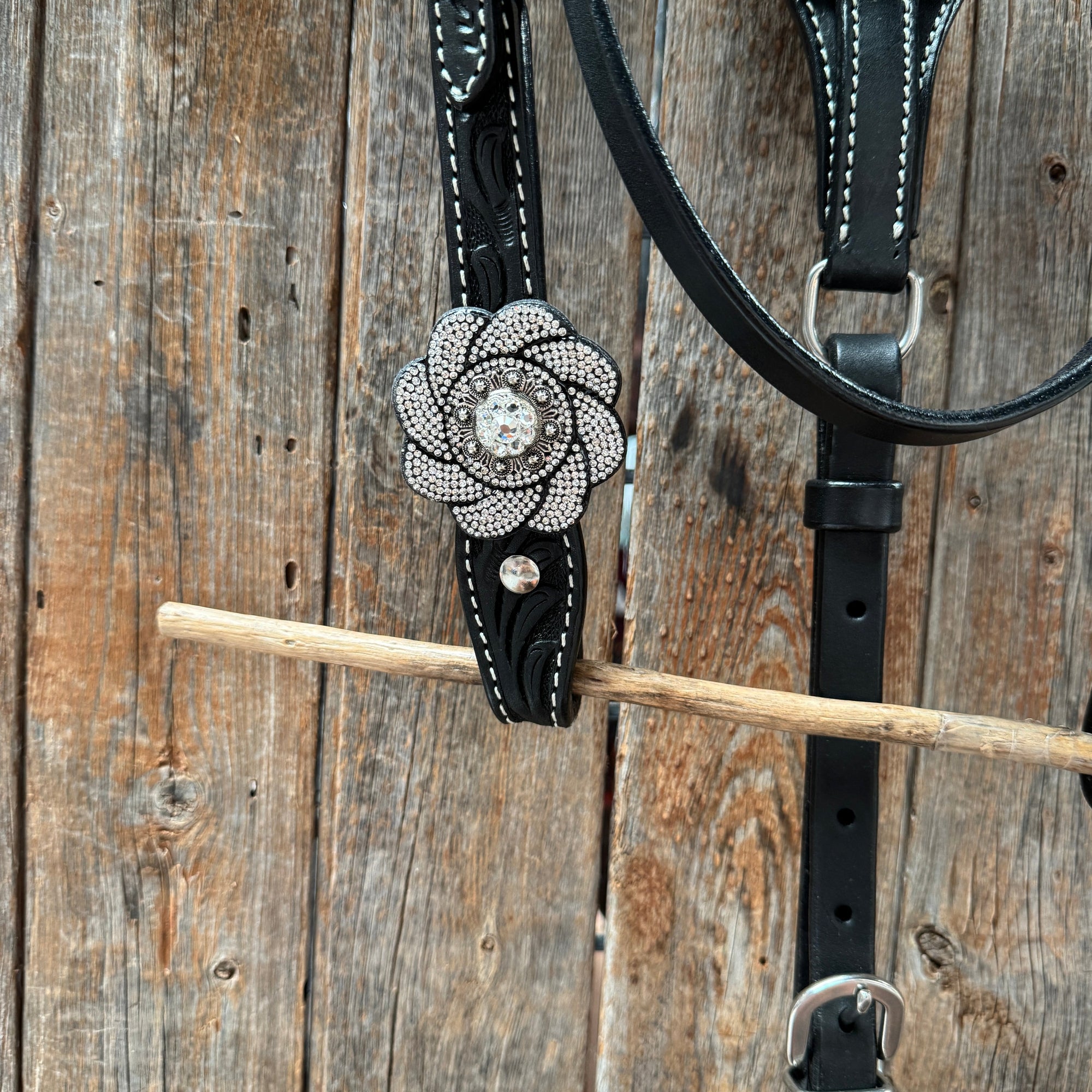 Pony Black Floral Clear Rhinestone V-Browband Tack Set 