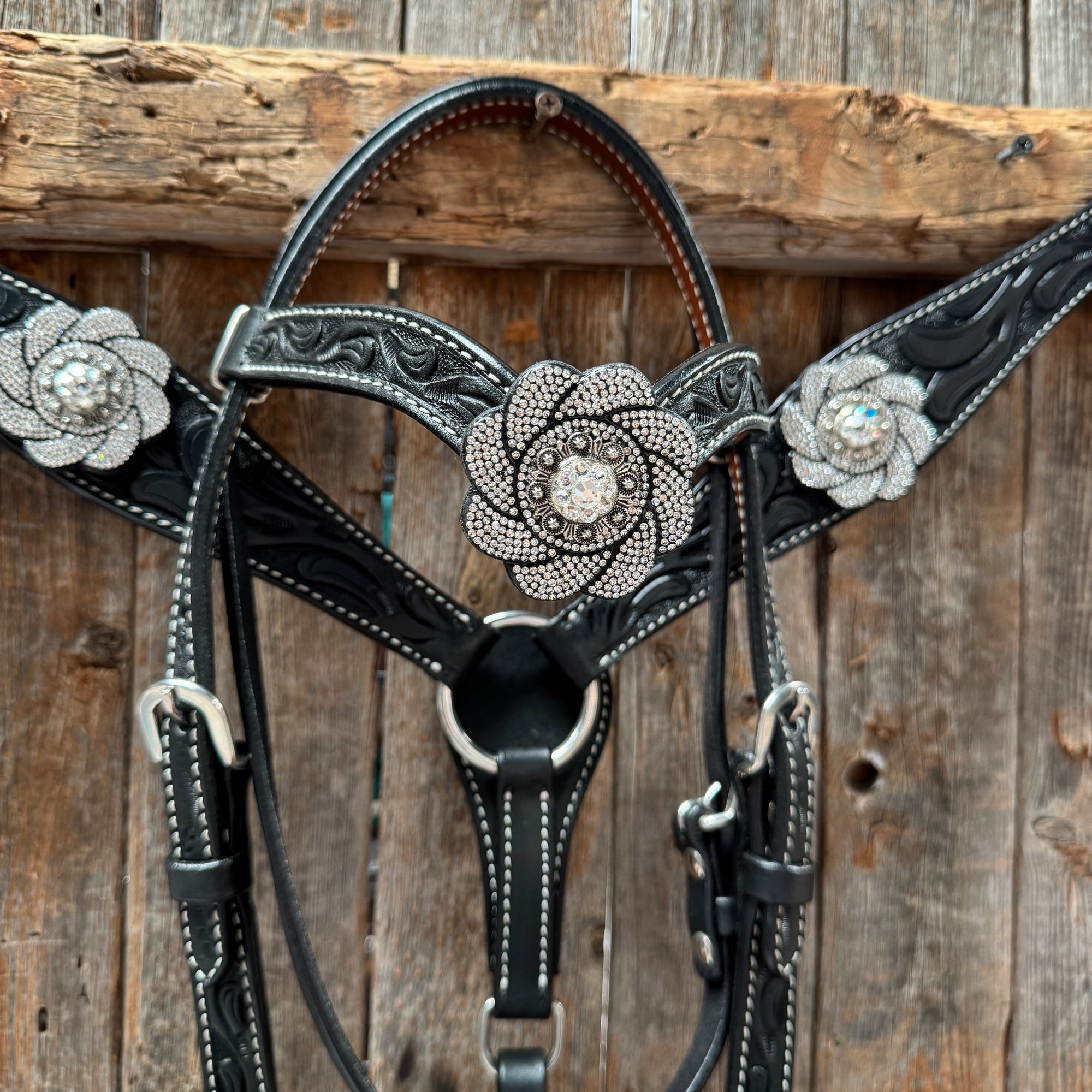 Pony Black Floral Clear Rhinestone V-Browband Tack Set 