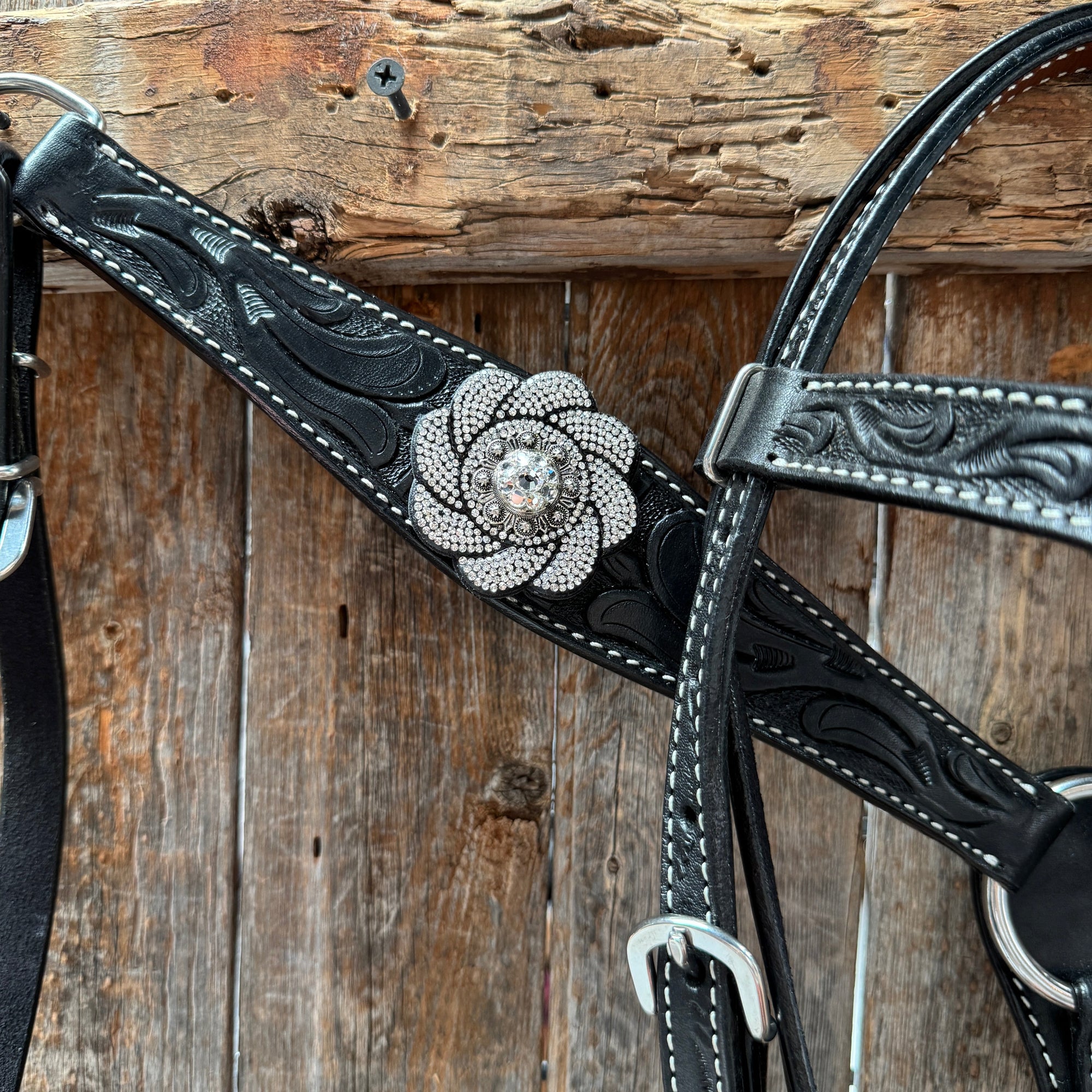 Pony Black Floral Clear Rhinestone V-Browband Tack Set 