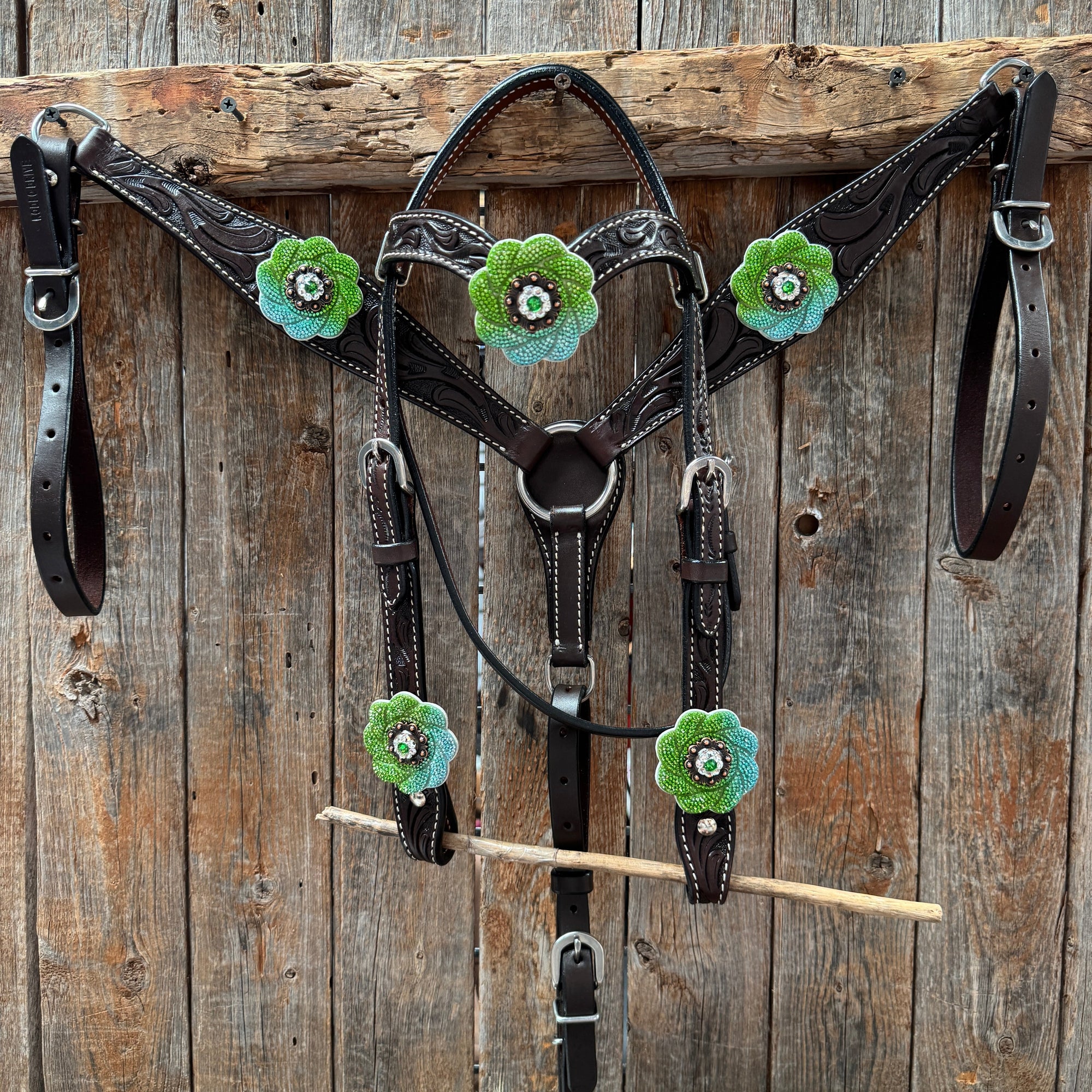 Pony Dark Oil Floral Blue and Green Rhinestone V-Browband Tack Set 