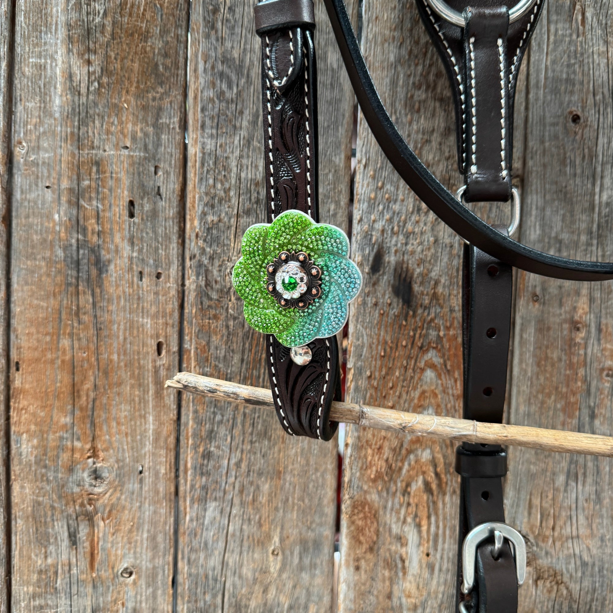 Pony Dark Oil Floral Blue and Green Rhinestone V-Browband Tack Set 