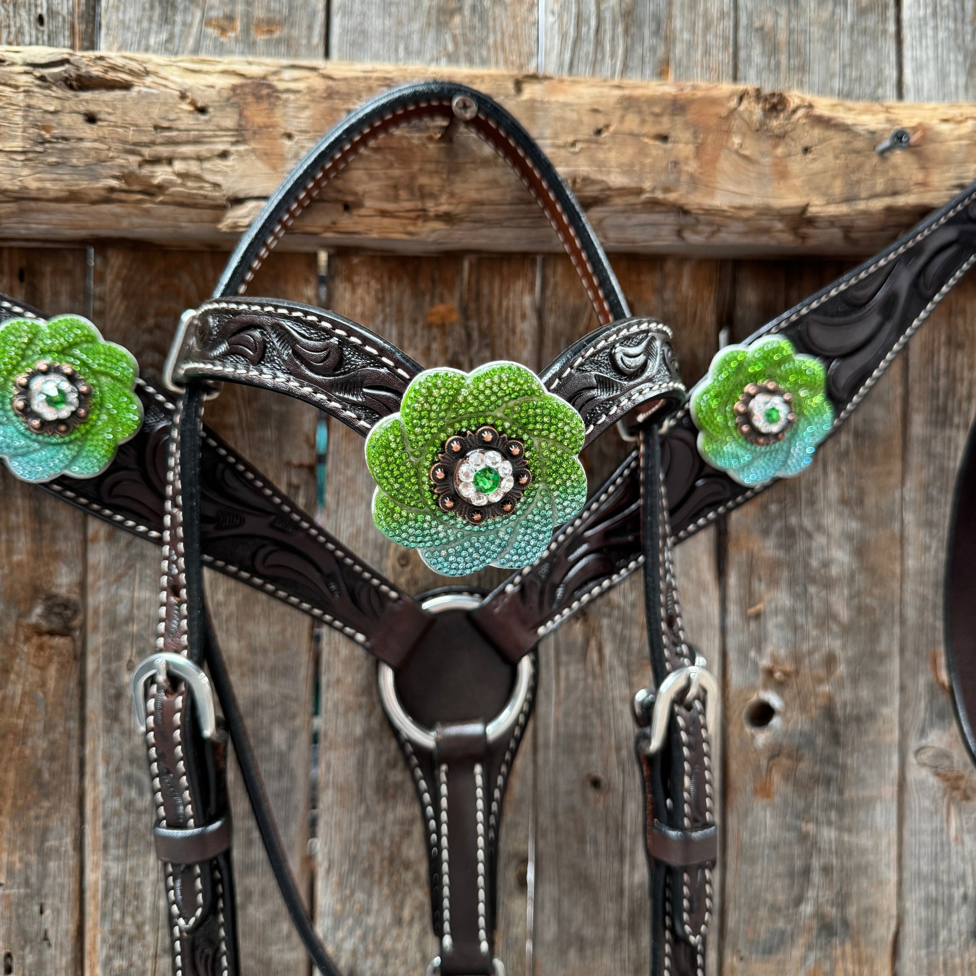 Pony Dark Oil Floral Blue and Green Rhinestone V-Browband Tack Set 