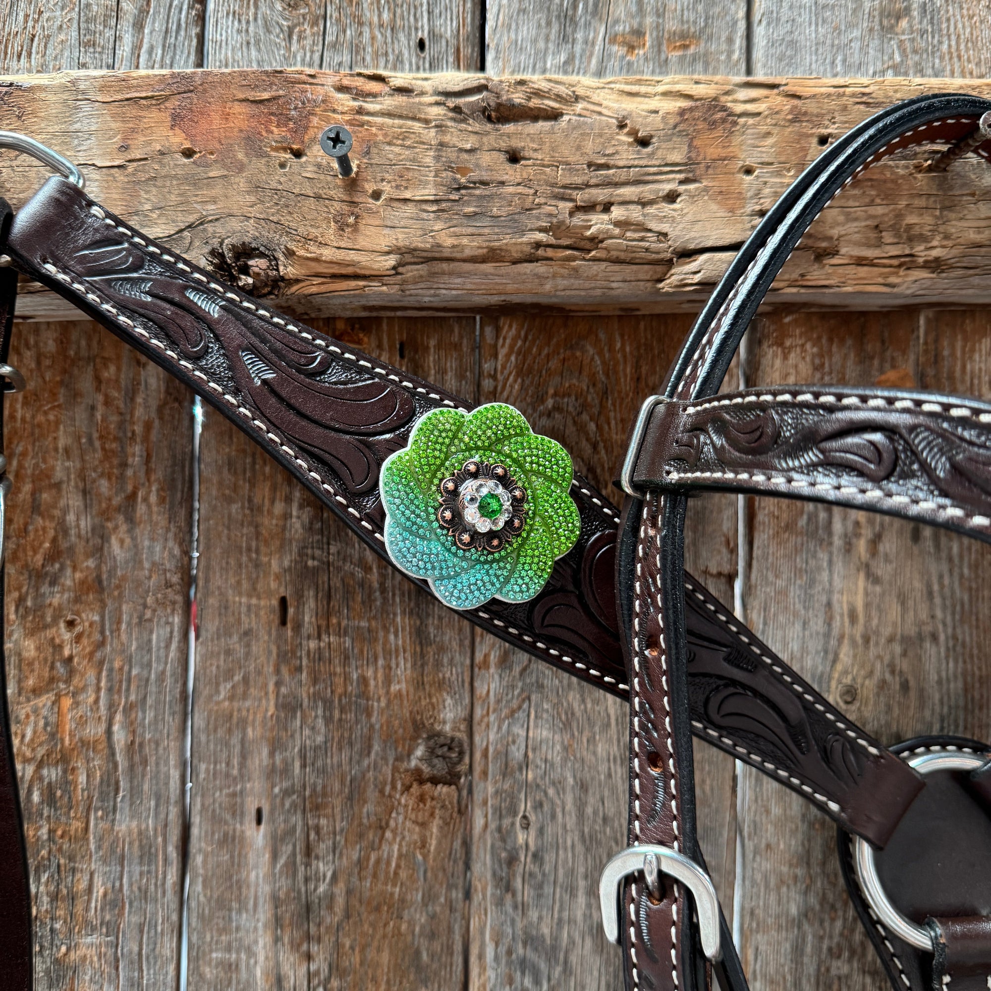 Pony Dark Oil Floral Blue and Green Rhinestone V-Browband Tack Set 