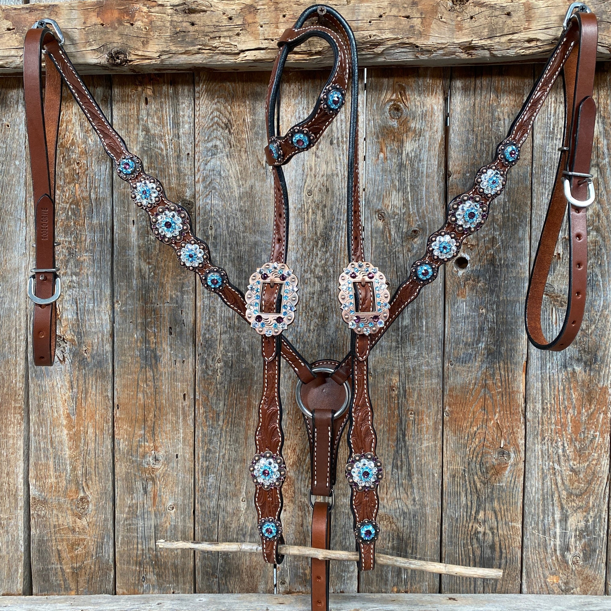 Medium Oil Floral Amethyst - Aqua One Ear- Browband Breastcollar Tack Set 