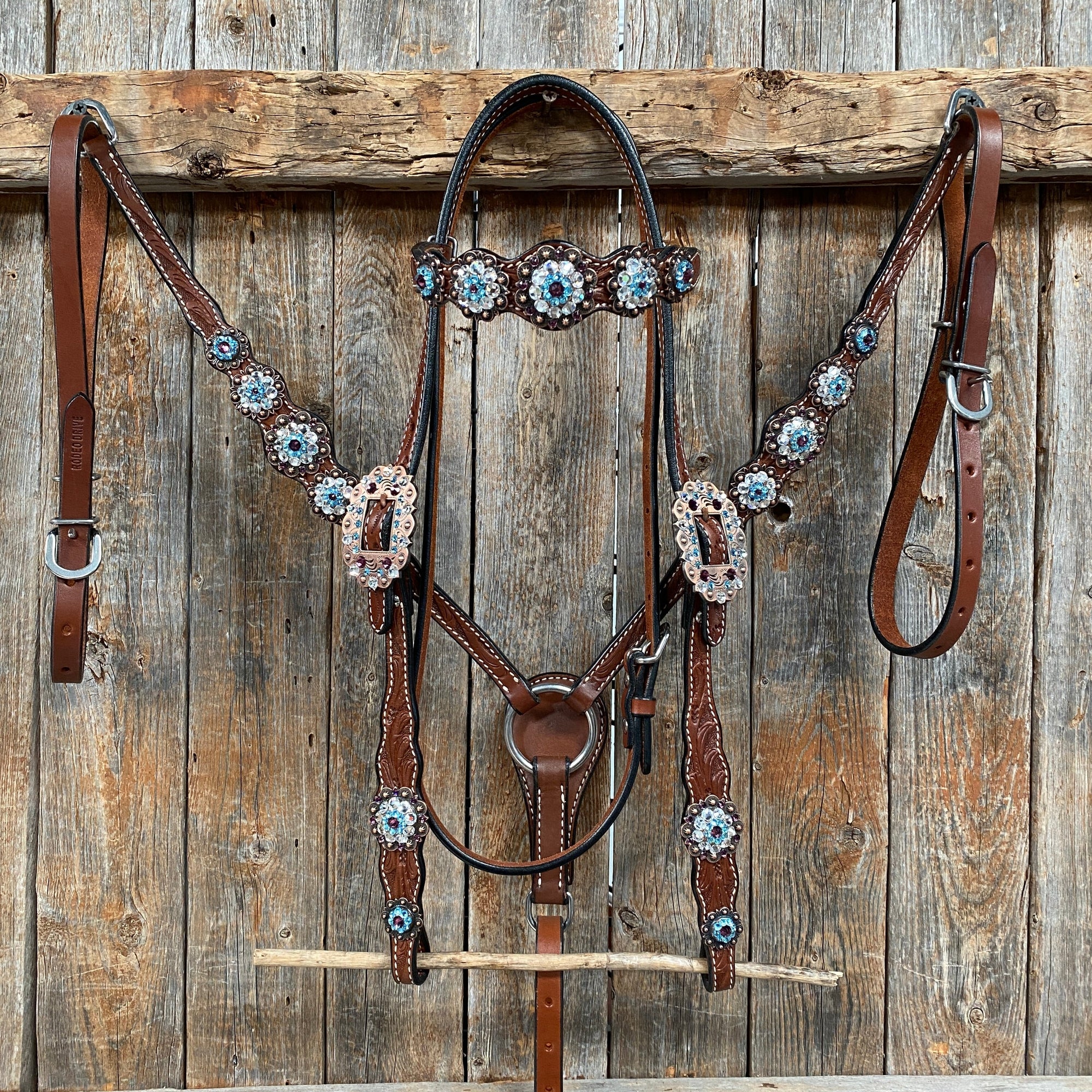 Medium Oil Floral Amethyst - Aqua One Ear- Browband Breastcollar Tack Set 