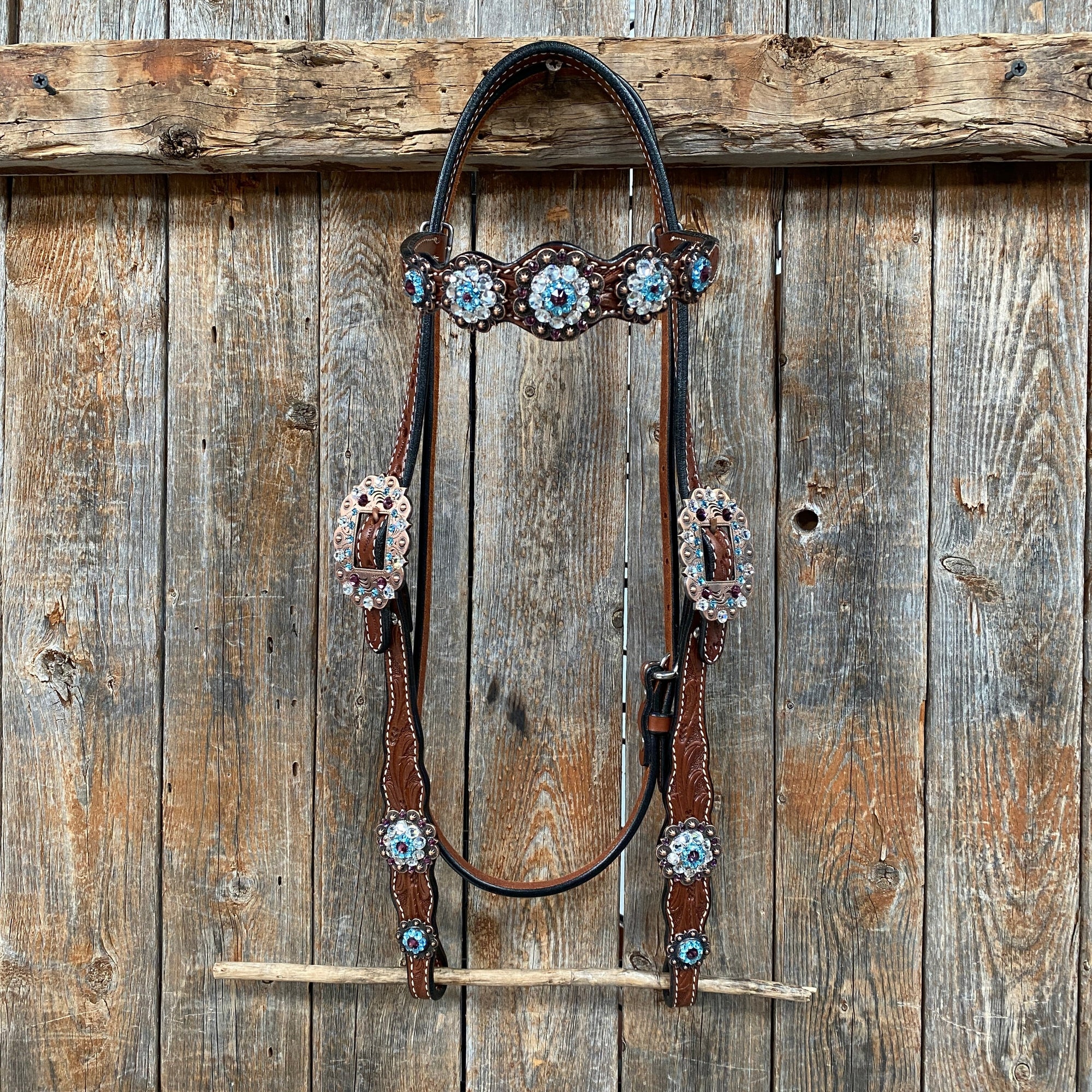 Medium Oil Floral Amethyst - Aqua One Ear- Browband Breastcollar Tack Set 