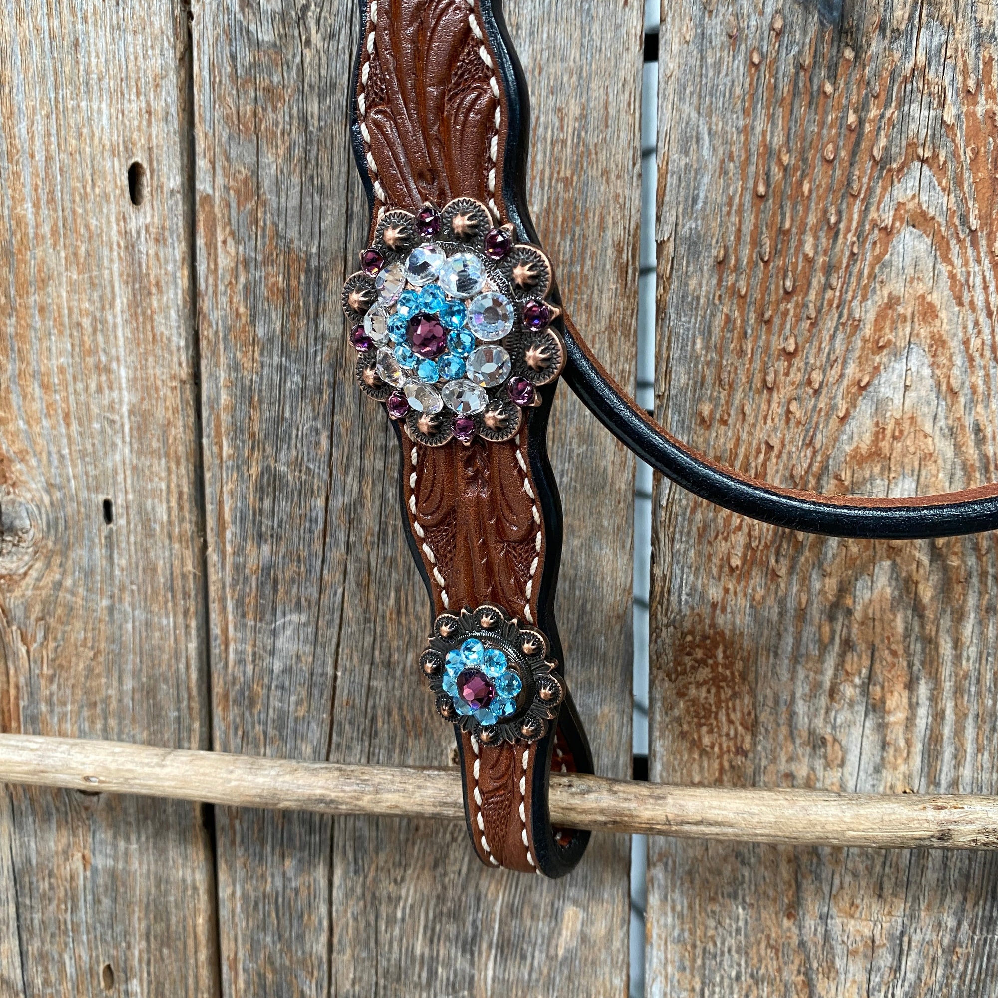 Medium Oil Floral Amethyst - Aqua One Ear- Browband Breastcollar Tack Set 