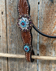 Medium Oil Floral Amethyst - Aqua One Ear- Browband Breastcollar Tack Set 
