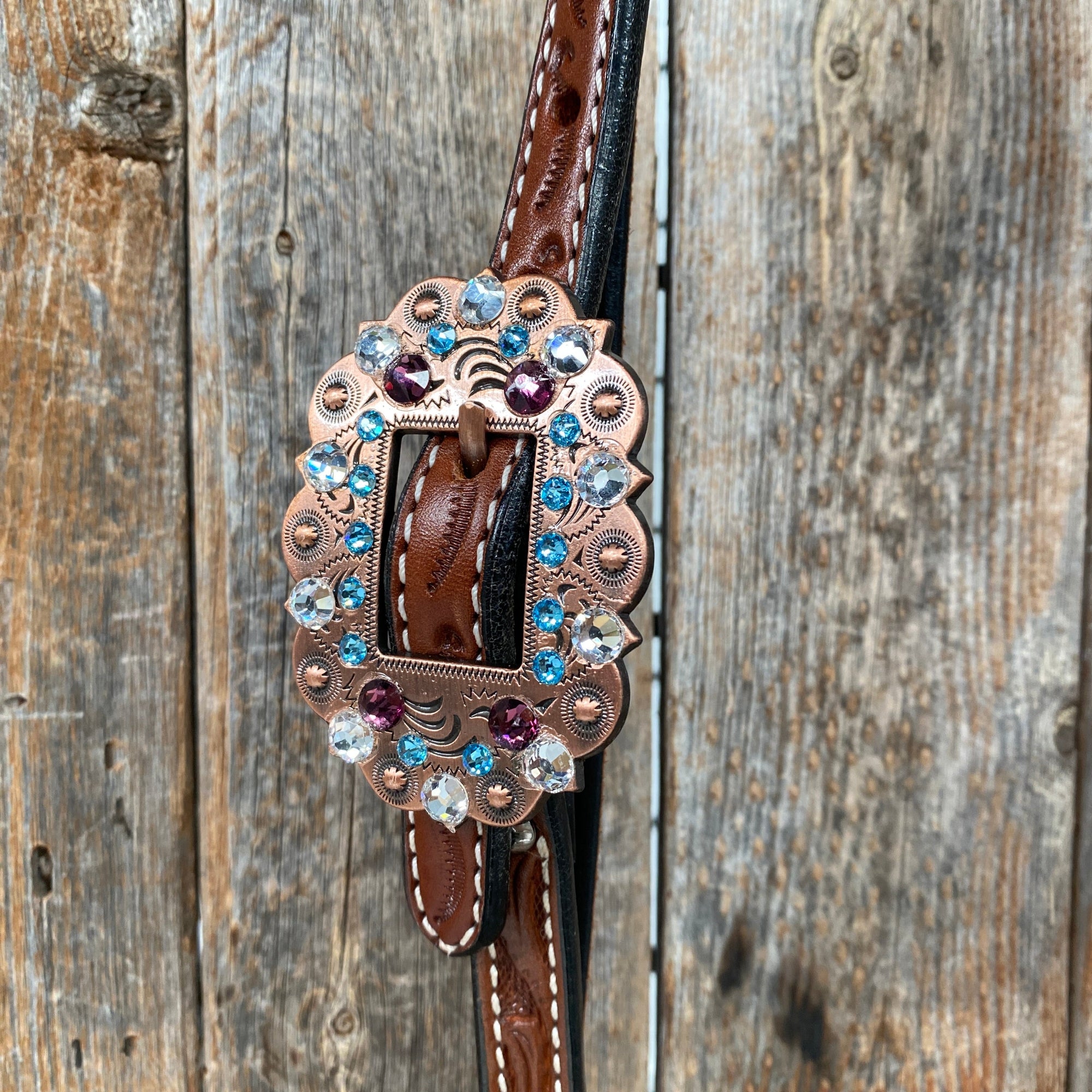 Medium Oil Floral Amethyst - Aqua One Ear- Browband Breastcollar Tack Set 