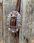 Medium Oil Floral Amethyst - Aqua One Ear- Browband Breastcollar Tack Set 