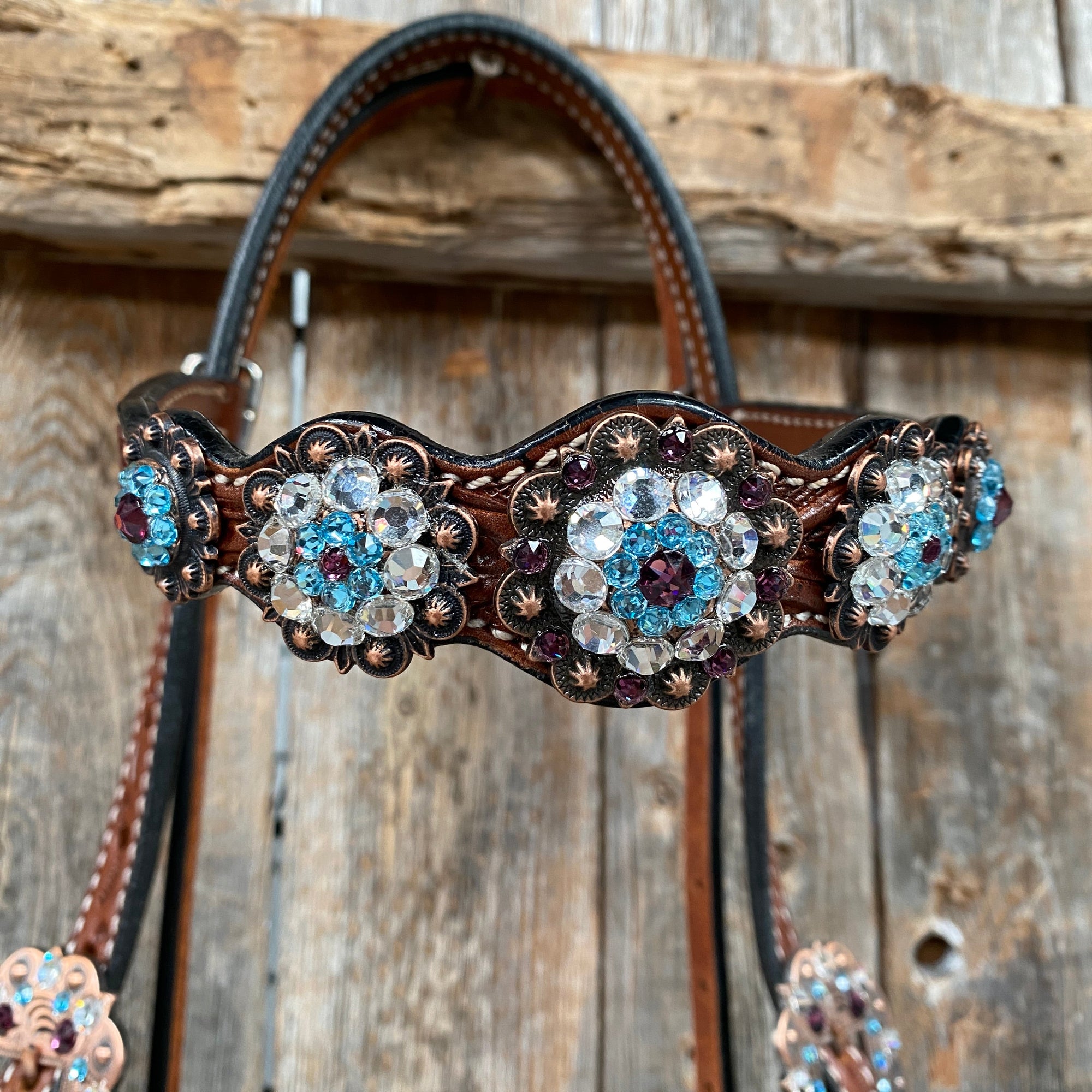 Medium Oil Floral Amethyst - Aqua One Ear- Browband Breastcollar Tack Set 