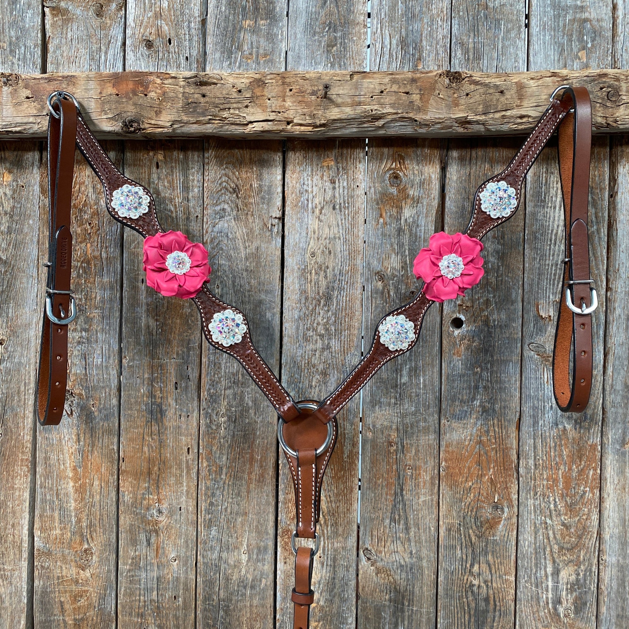 Medium Oil Basketweave Pink &amp; AB One Ear Tack Set  