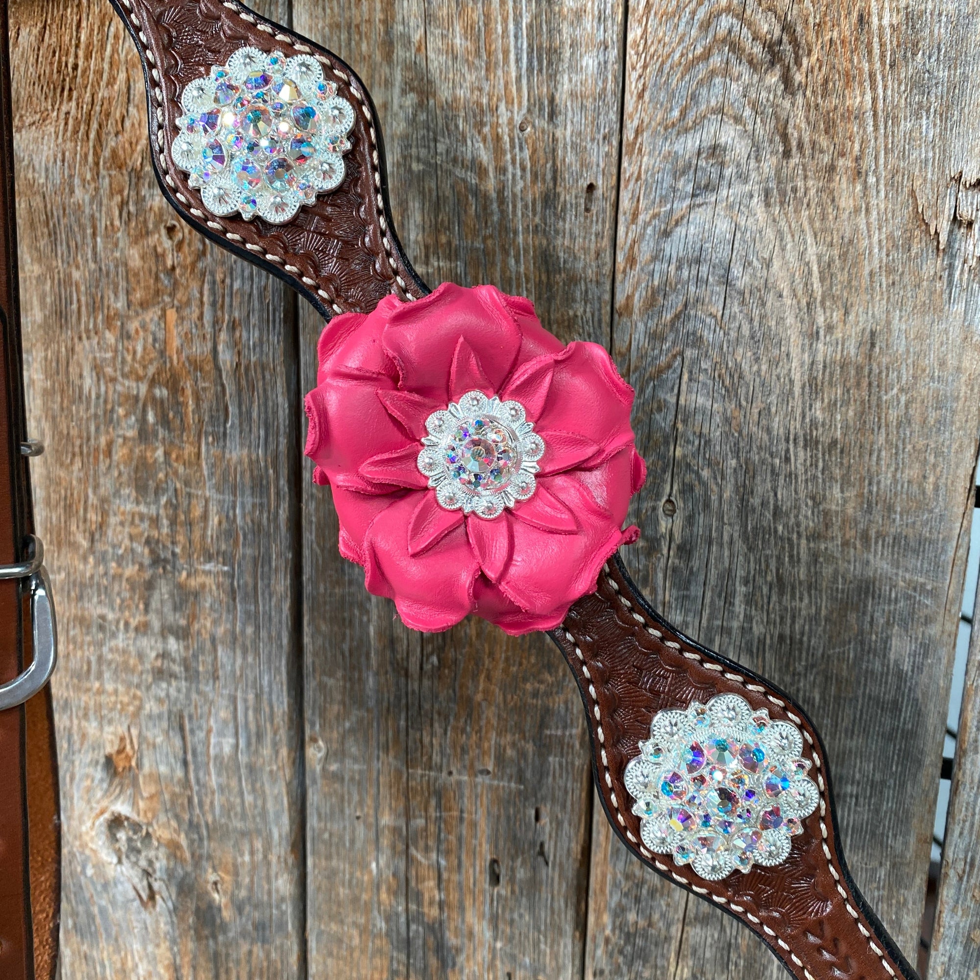 Medium Oil Basketweave Pink &amp; AB One Ear Tack Set  