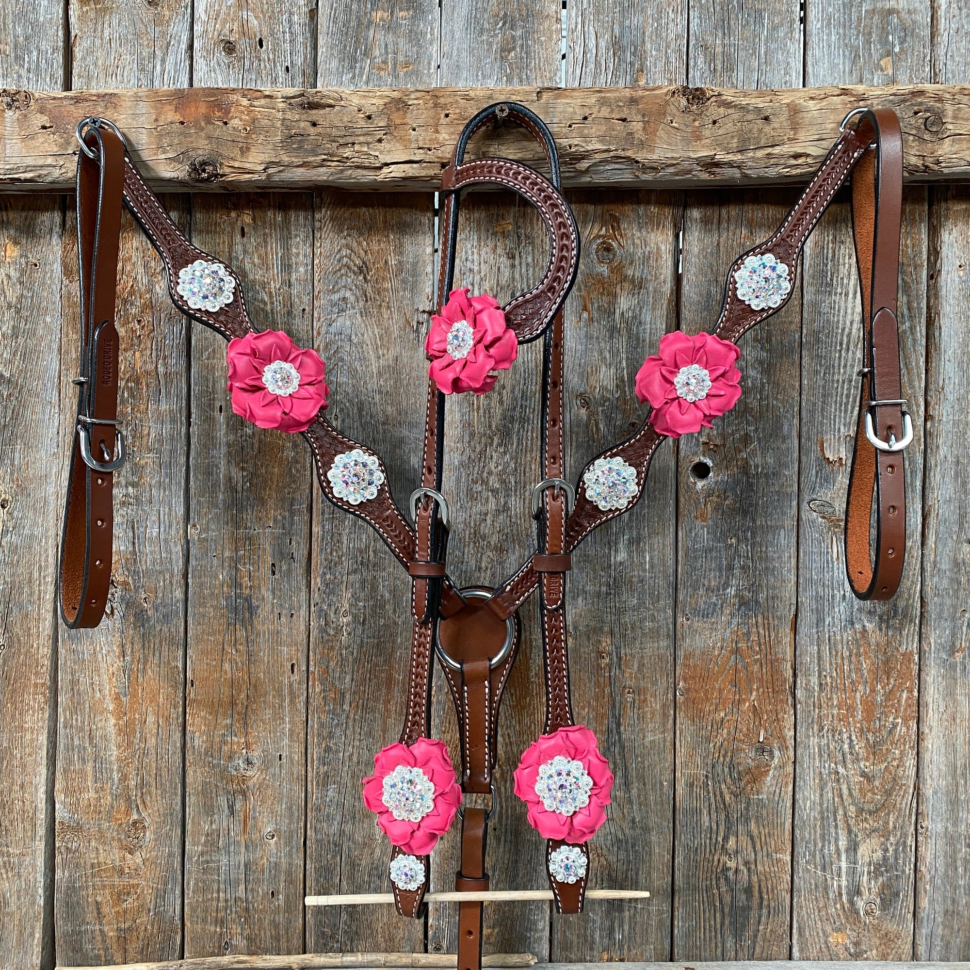 Medium Oil Basketweave Pink &amp; AB One Ear Tack Set  