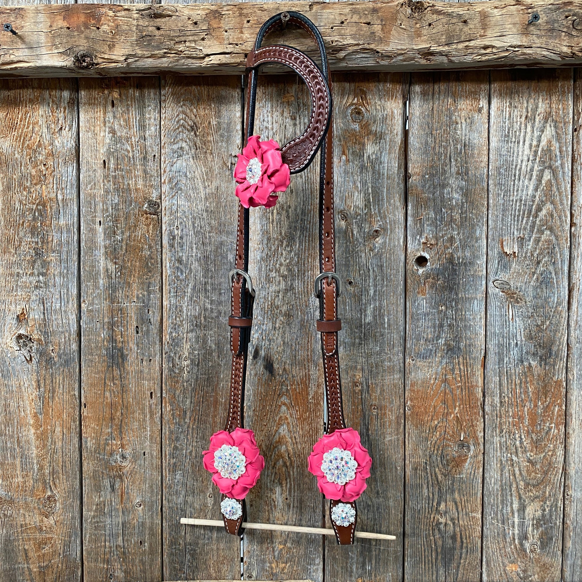 Medium Oil Basketweave Pink &amp; AB One Ear Tack Set  