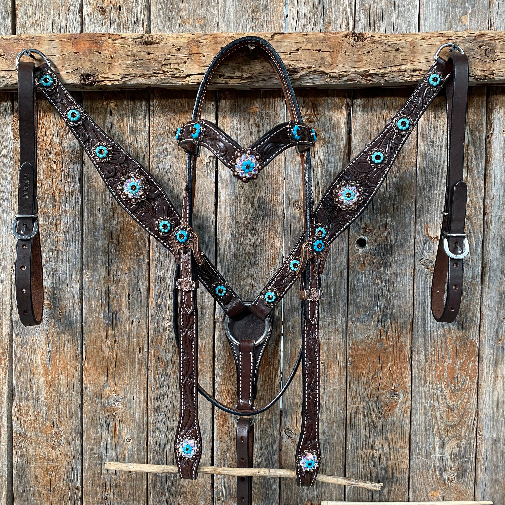 Dark Oil Floral Topaz &amp; Turquoise Browband / Breastcollar Tack Set  