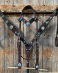 Dark Oil Floral Topaz & Turquoise Browband / Breastcollar Tack Set  