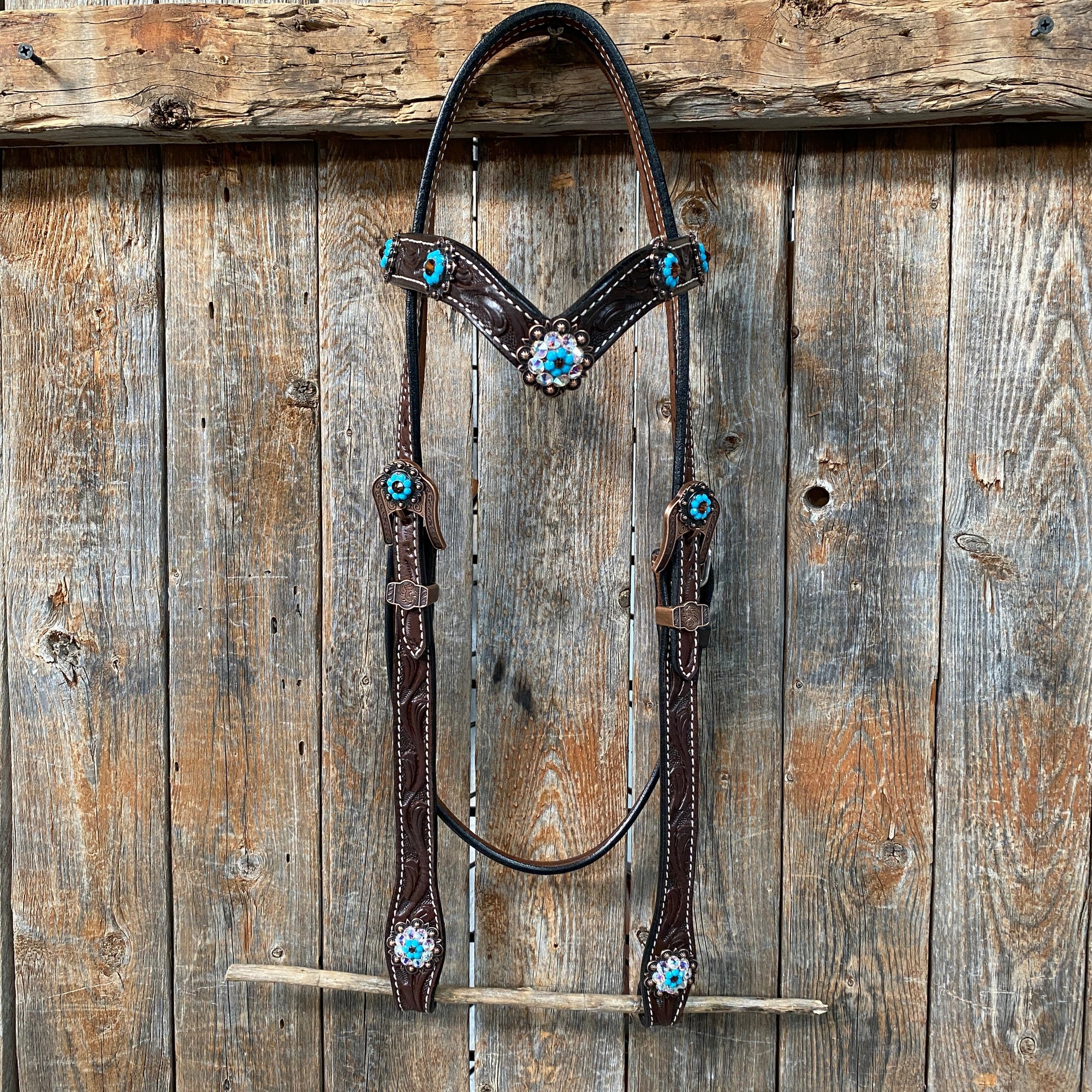 Dark Oil Floral Topaz &amp; Turquoise Browband / Breastcollar Tack Set  