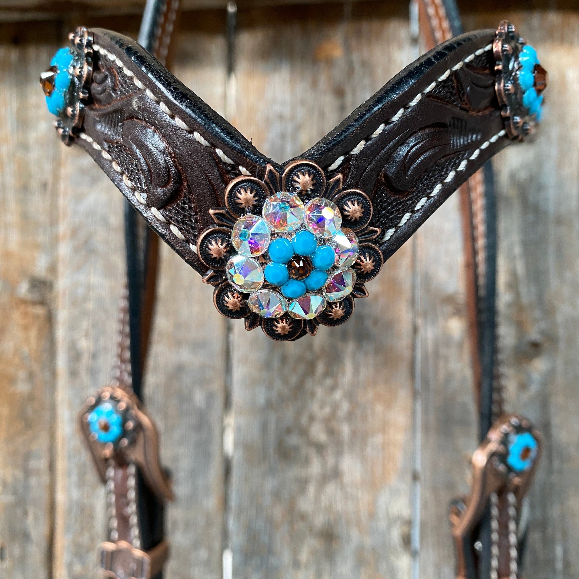 Dark Oil Floral Topaz &amp; Turquoise Browband / Breastcollar Tack Set  
