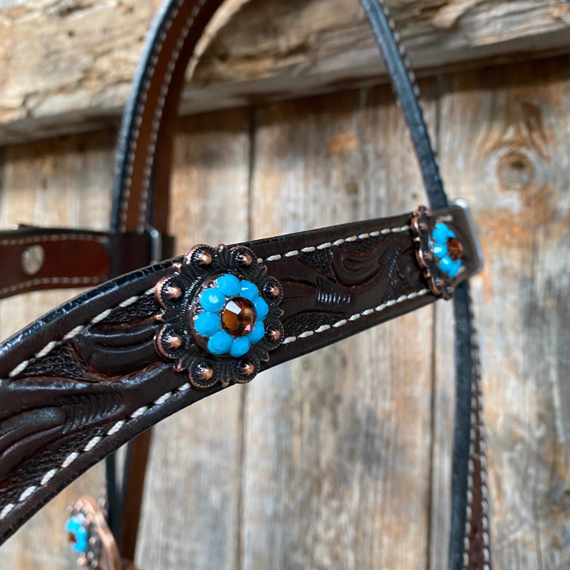 Dark Oil Floral Topaz &amp; Turquoise Browband / Breastcollar Tack Set  