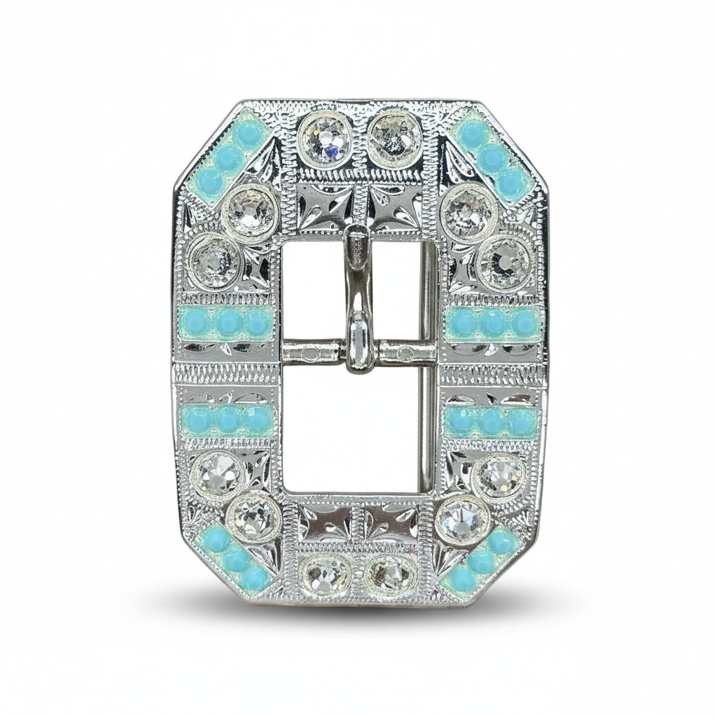 Bright Silver Turquoise - Clear Crystal Conchos | Sizes 1"- 3" | Buckles | Saddle Set | Leather Rosettes | Slide