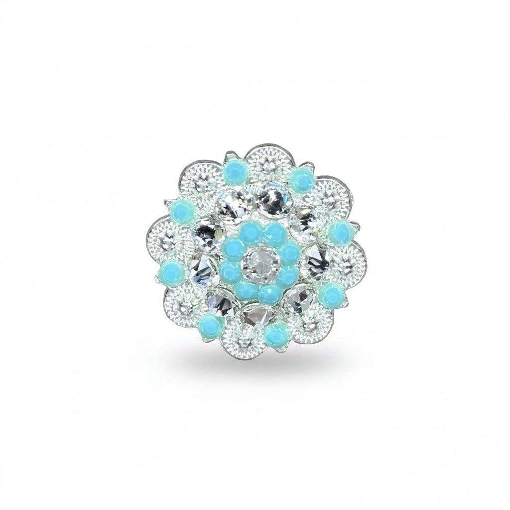 Bright Silver Turquoise - Clear Crystal Conchos | Sizes 1"- 3" | Buckles | Saddle Set | Leather Rosettes | Slide