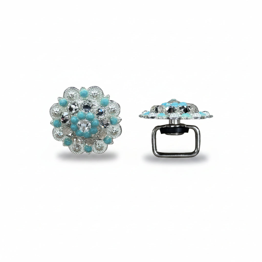 Bright Silver Turquoise - Clear Crystal Conchos | Sizes 1"- 3" | Buckles | Saddle Set | Leather Rosettes | Slide