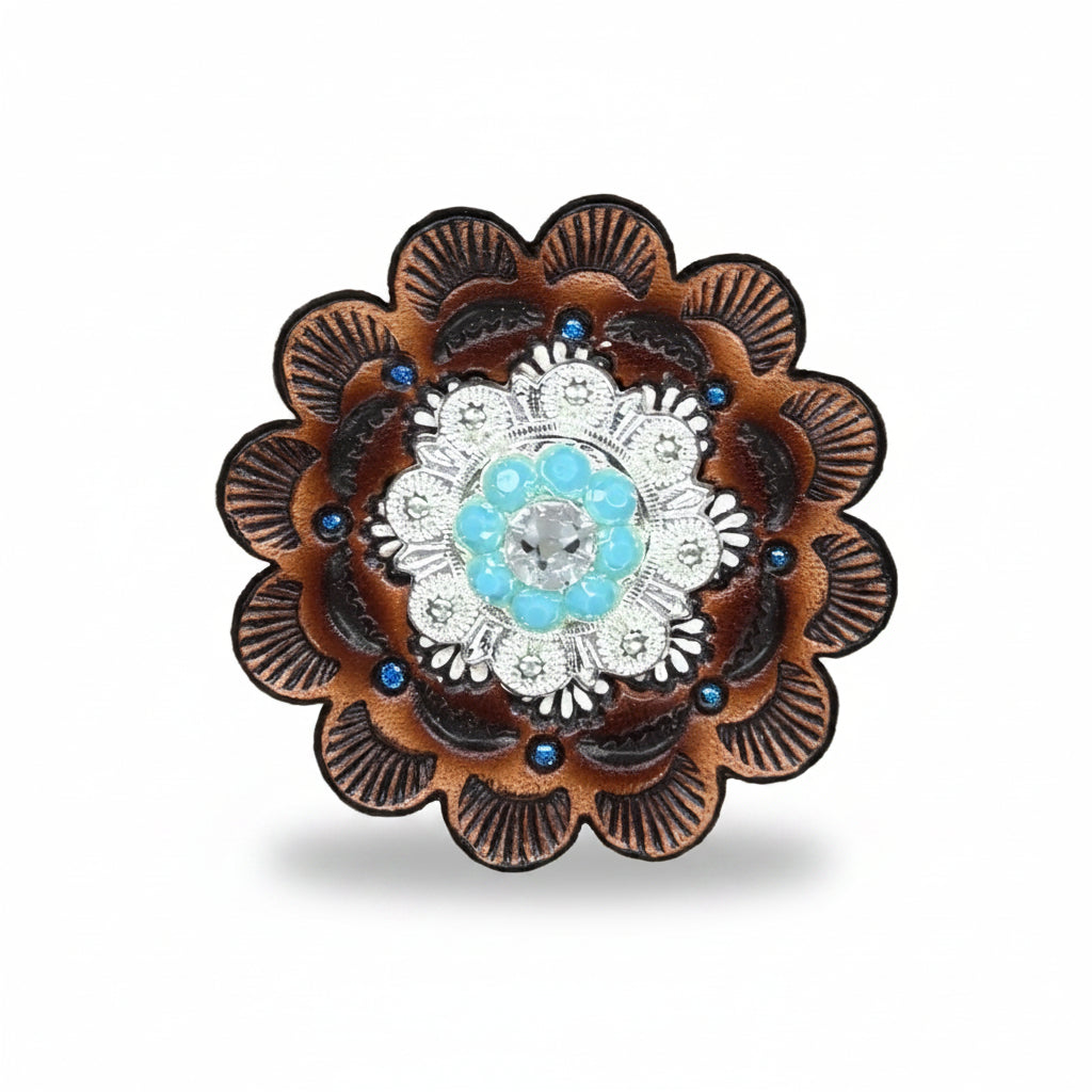 Bright Silver Turquoise - Clear Crystal Conchos | Sizes 1"- 3" | Buckles | Saddle Set | Leather Rosettes | Slide