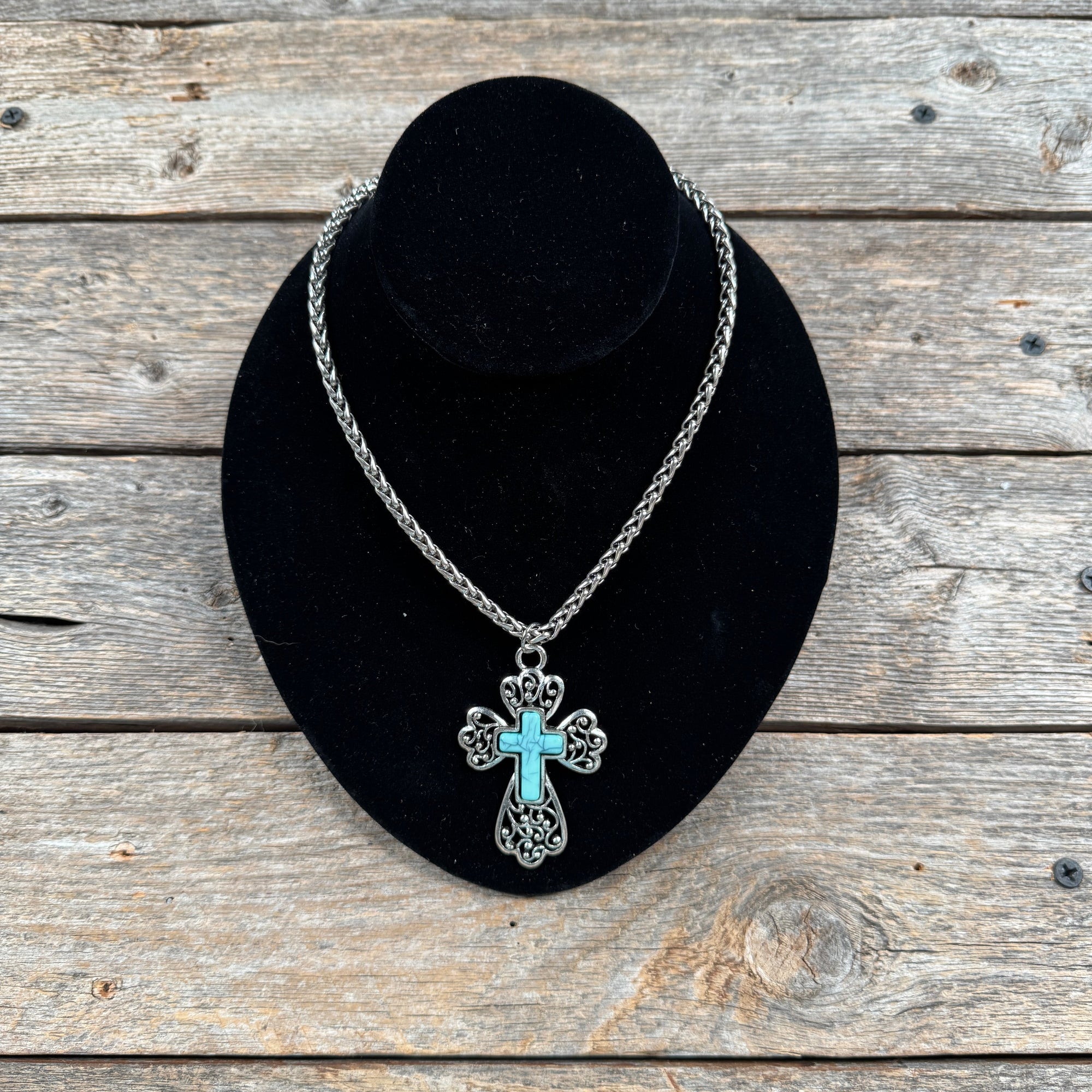 Filigree Cross Fashion Turquoise Pendant Necklace