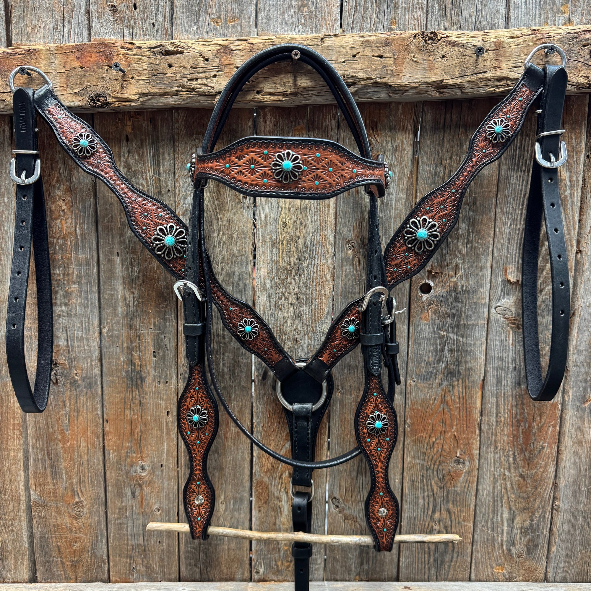 Teal Diamond and Turquoise Flower Browband / One Ear - Breastcollar Tack Set 