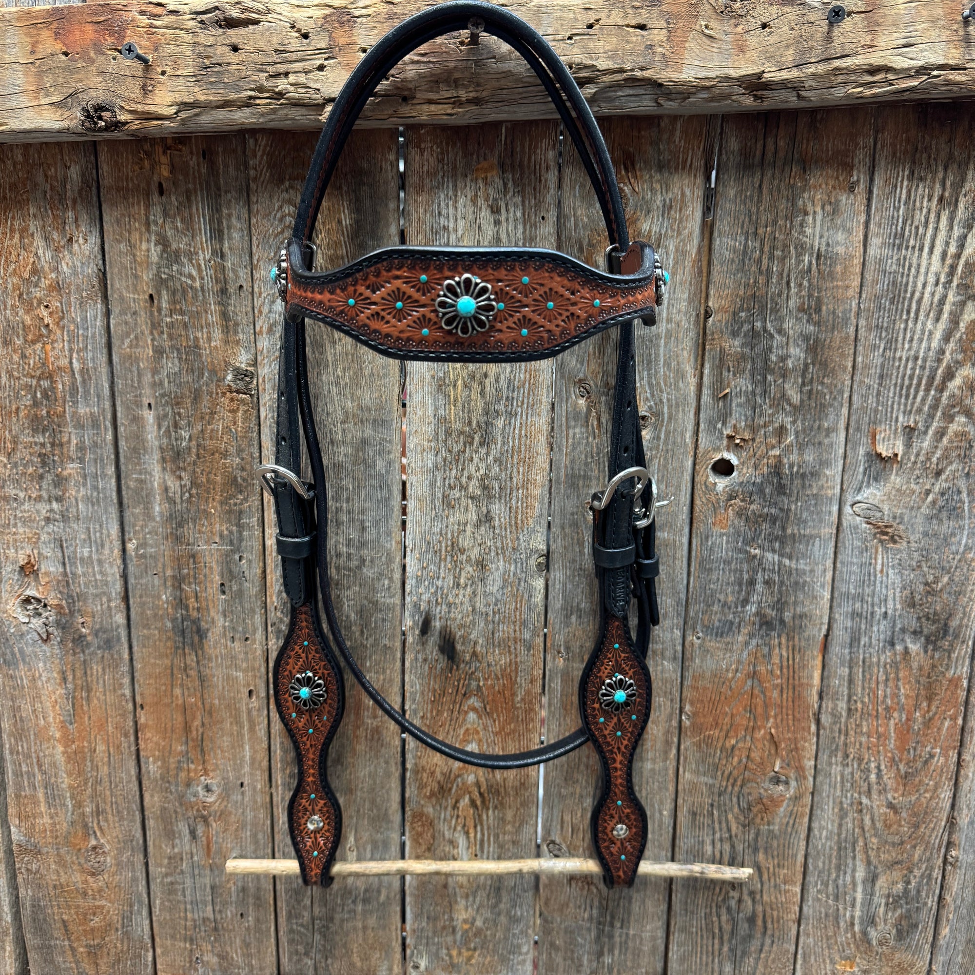 Teal Diamond and Turquoise Flower Browband / One Ear - Breastcollar Tack Set 