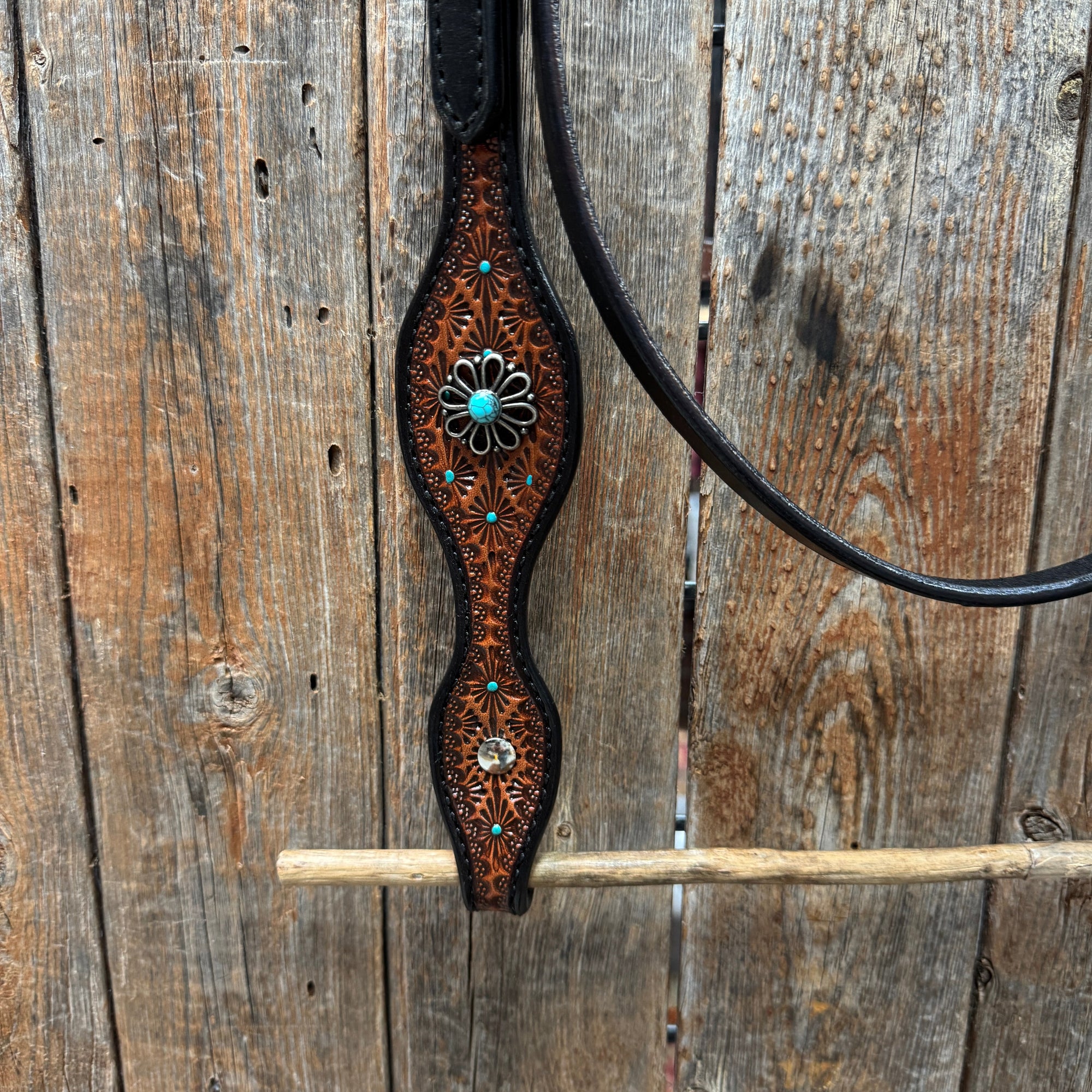 Teal Diamond and Turquoise Flower Browband / One Ear - Breastcollar Tack Set 