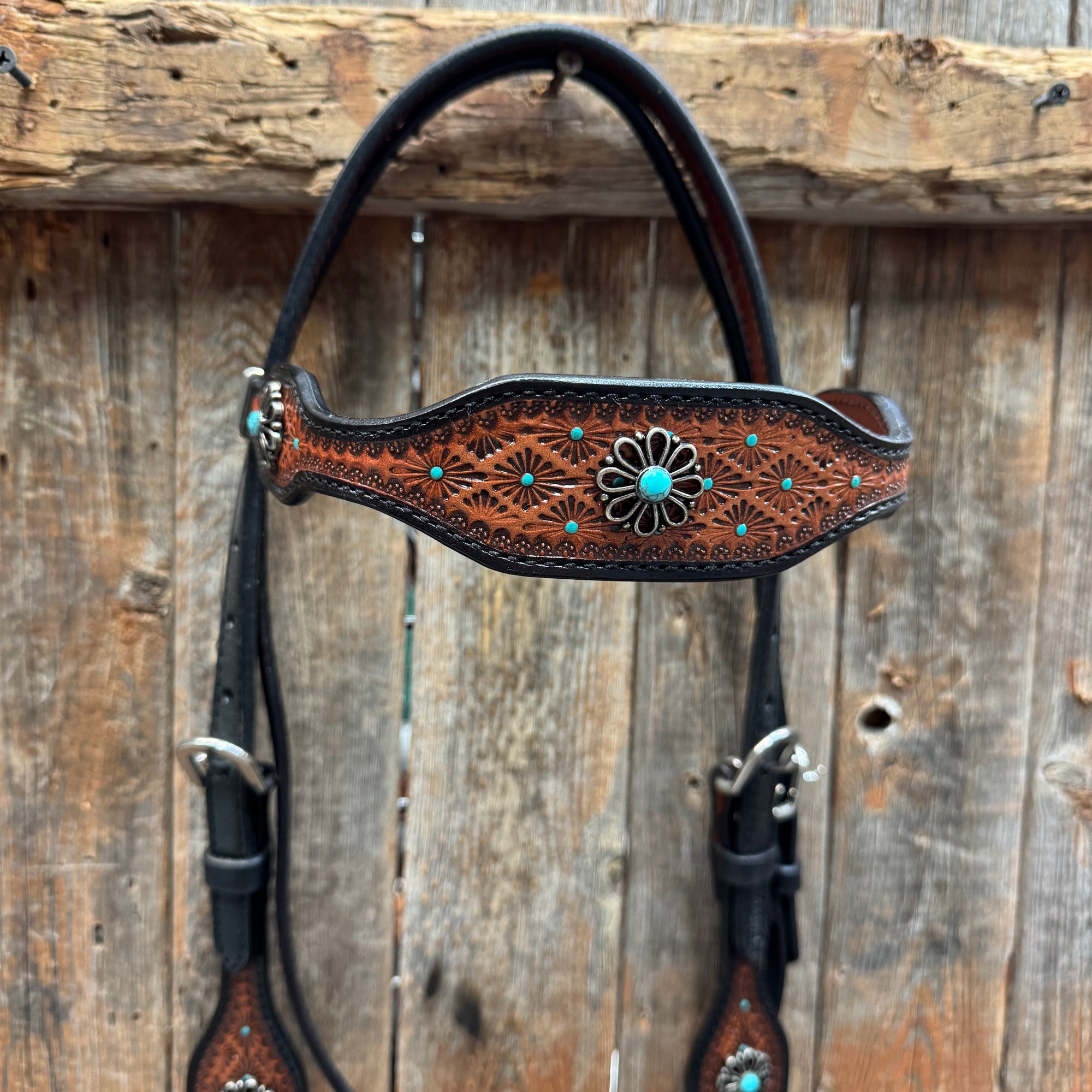 Teal Diamond and Turquoise Flower Browband / One Ear - Breastcollar Tack Set 
