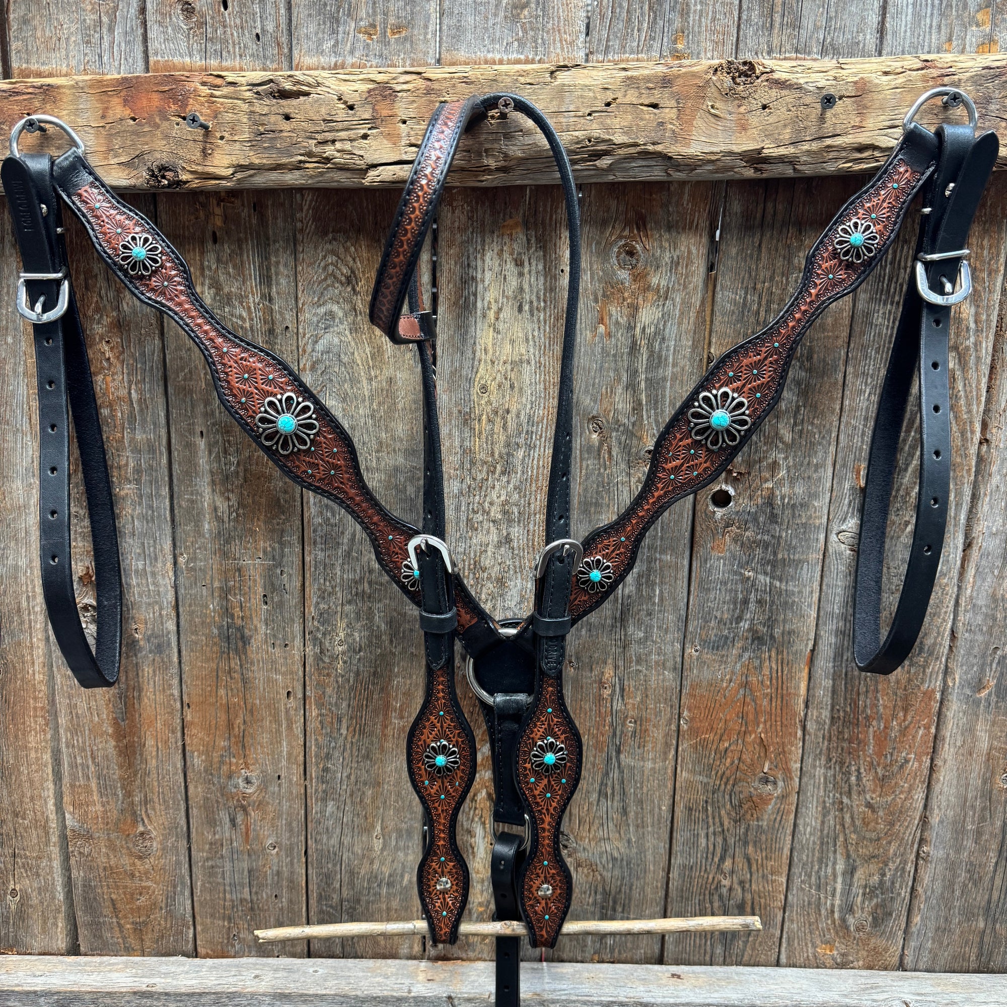 Teal Diamond and Turquoise Flower Browband / One Ear - Breastcollar Tack Set 