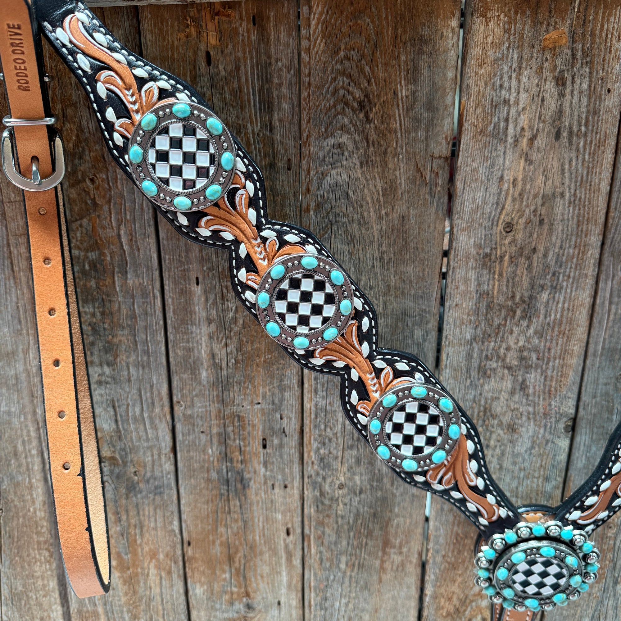 Vintage Checkered and Turquoise Browband Tack Set