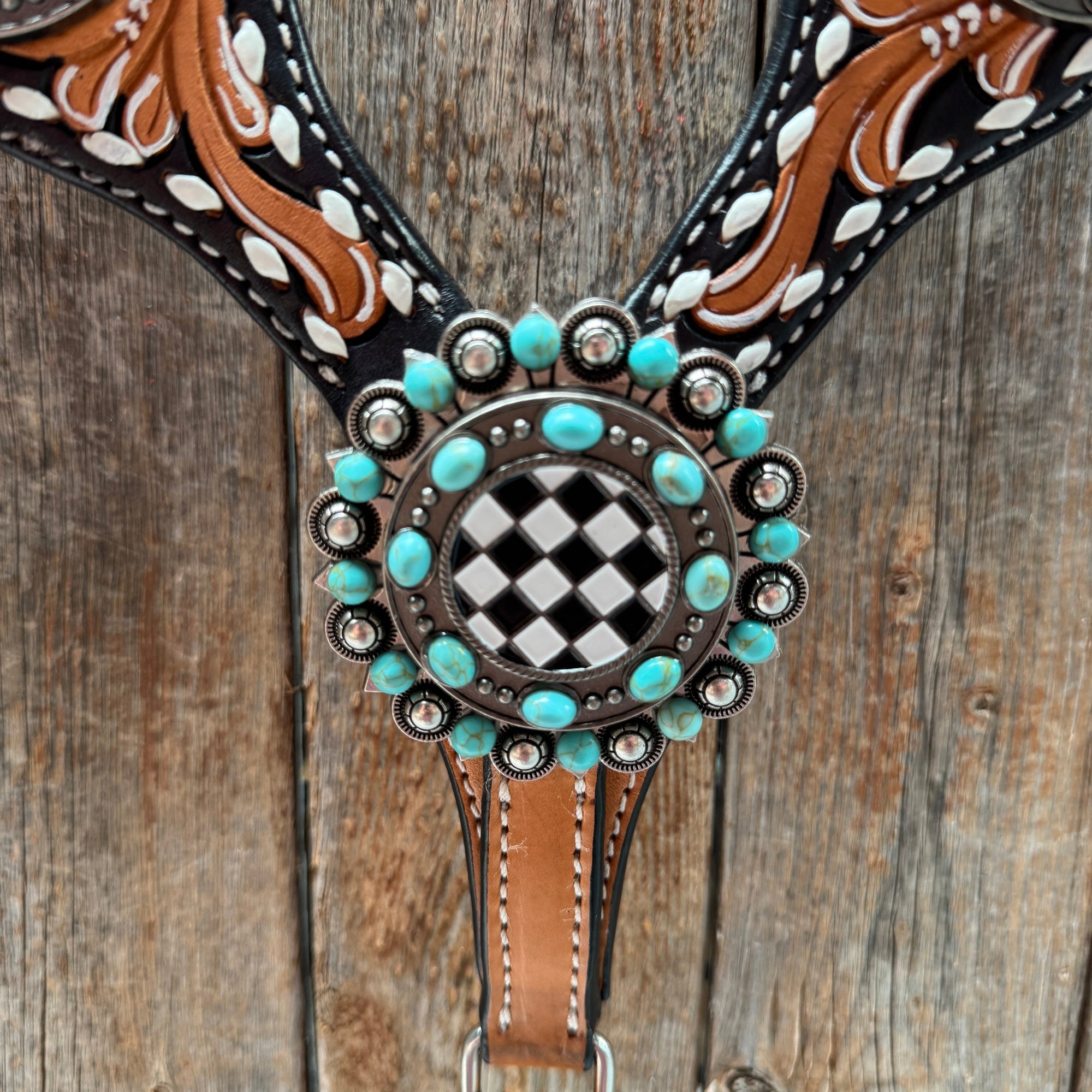 Vintage Checkered and Turquoise Browband Tack Set