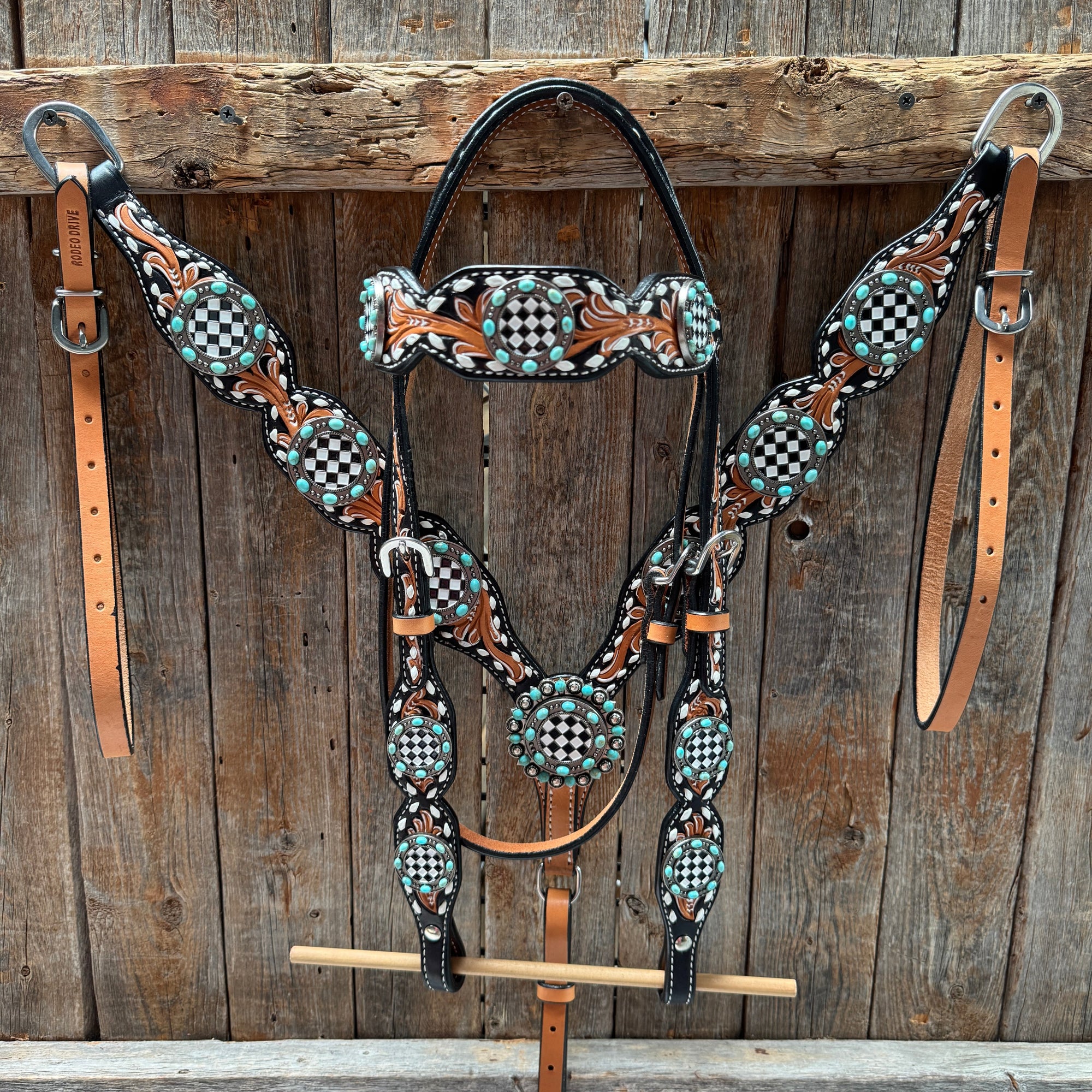 Vintage Checkered and Turquoise Browband Tack Set