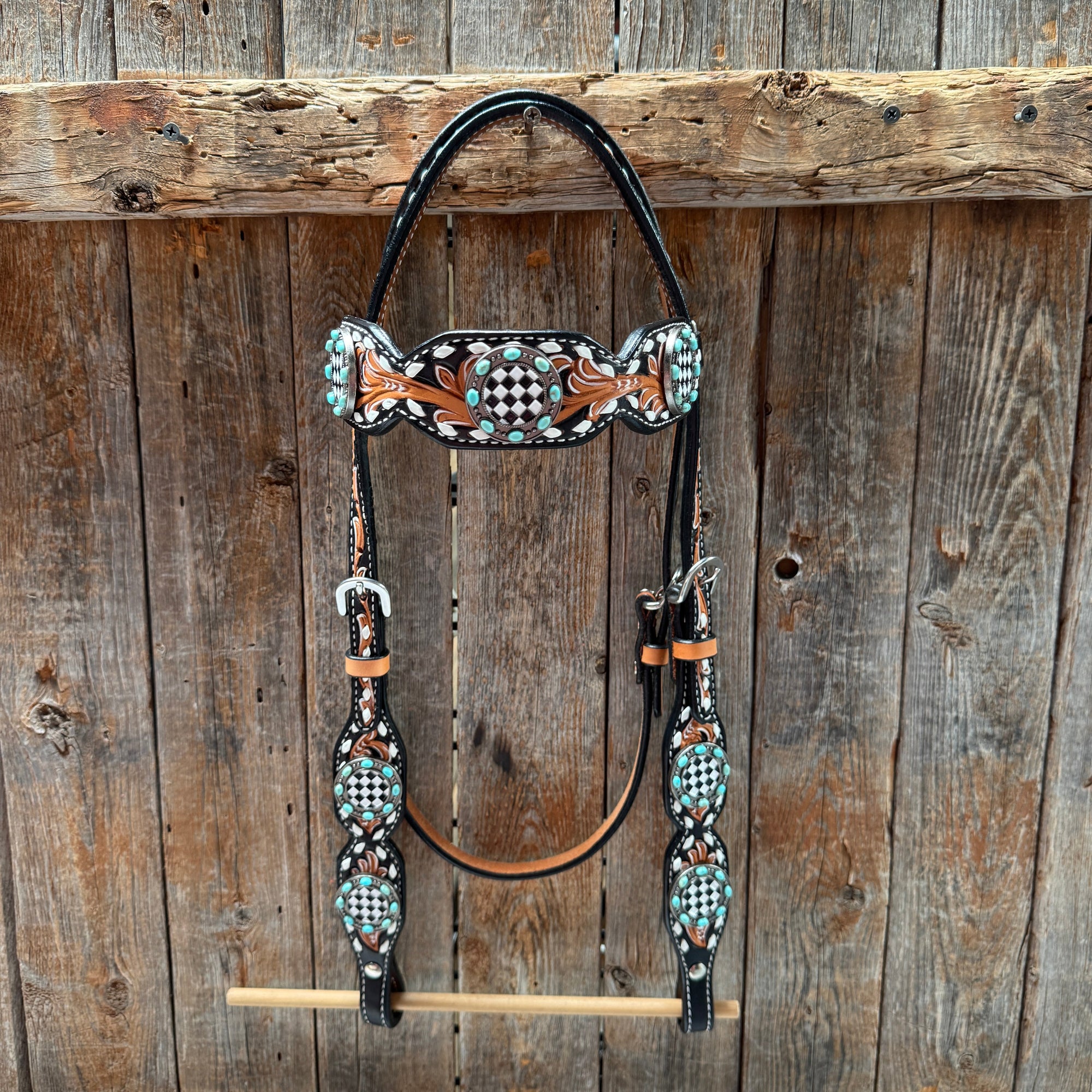 Vintage Checkered and Turquoise Browband Tack Set