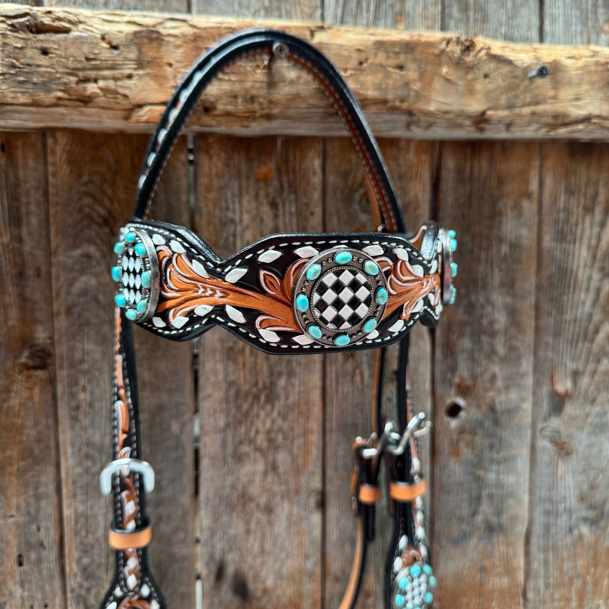 Vintage Checkered and Turquoise Browband Tack Set