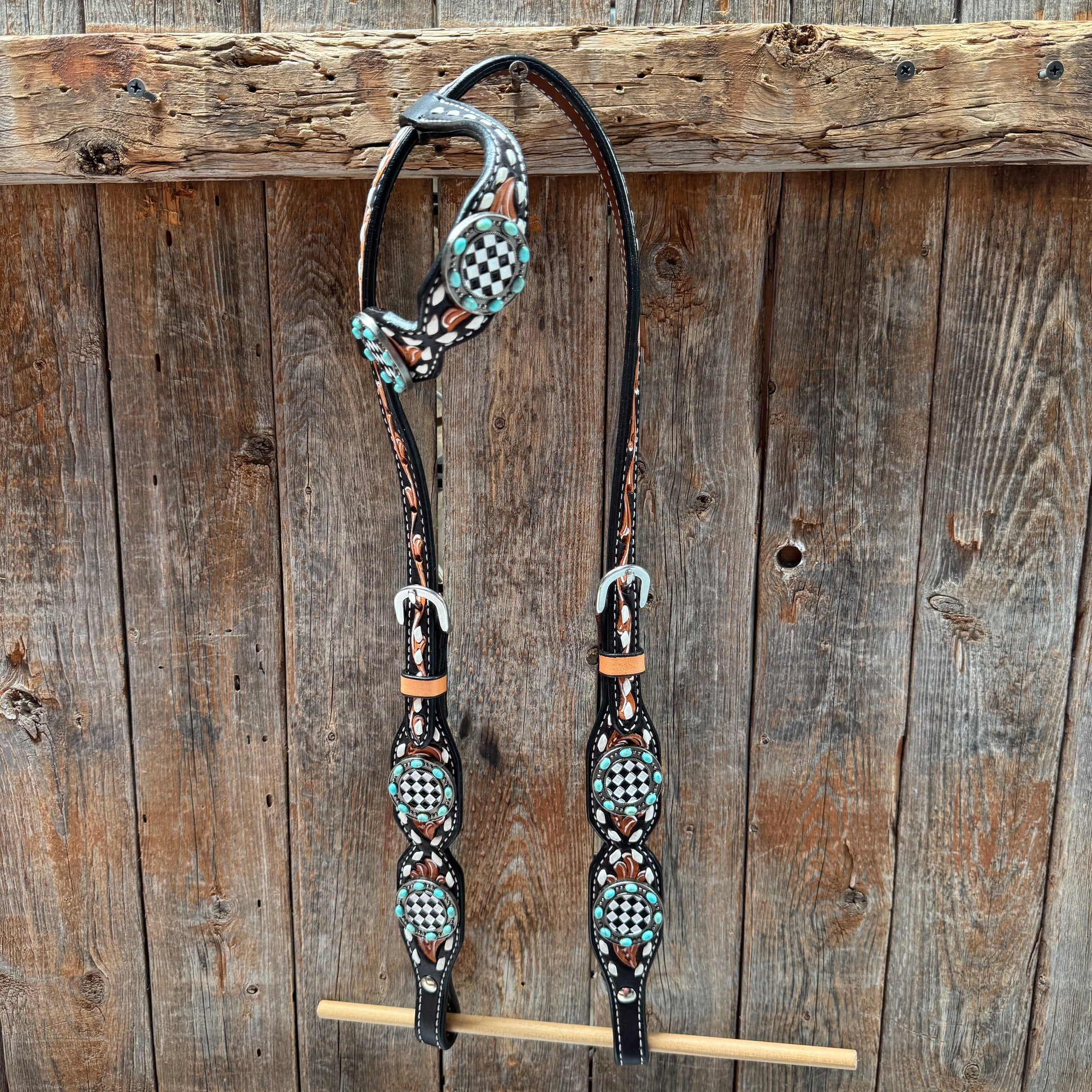 Vintage Checkered and Turquoise Browband Tack Set
